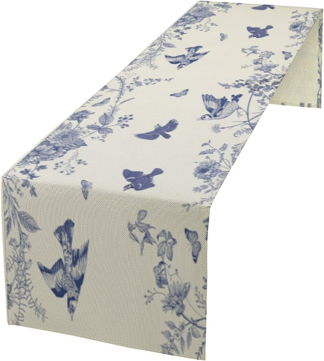 Monochrome Sketch Flowers Bird Table Runner, Seasonal Spring Fall Plants Blue Florals Dinner Runner for Home Kitchen Dining Table Party Holiday Decoration 13"x60"