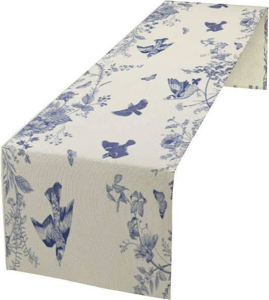 Monochrome Sketch Flowers Bird Table Runner, Seasonal Spring Fall Plants Blue Florals Dinner Runner for Home Kitchen Dining Table Party Holiday Decoration 13"x70"