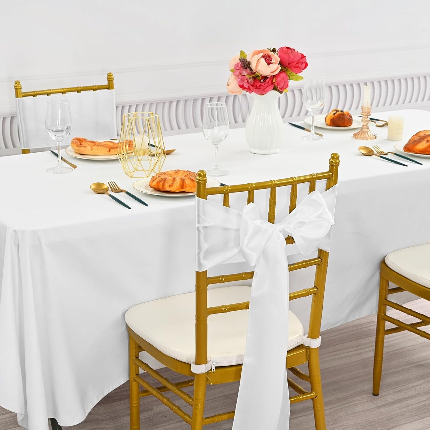 fani 60 PCS White Satin Chair Sashes Bows Universal Chair Cover for Wedding Reception Restaurant Event Decoration Banquet,Party,Hotel Event Decorations (7 x 108 inch)