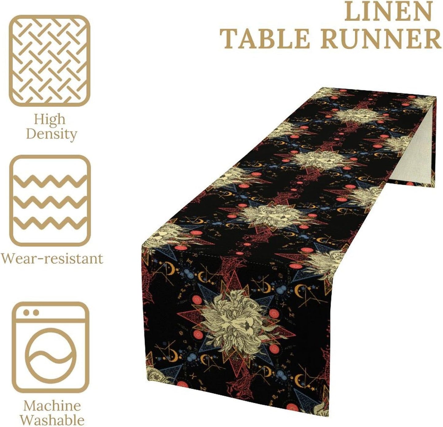 Boho Moon Lion Table Runner, Chinese Fish Phase of The Moon Sun Moon Table Runner for Kitchen Dining Table Home Party,13x36 Inch Black Red