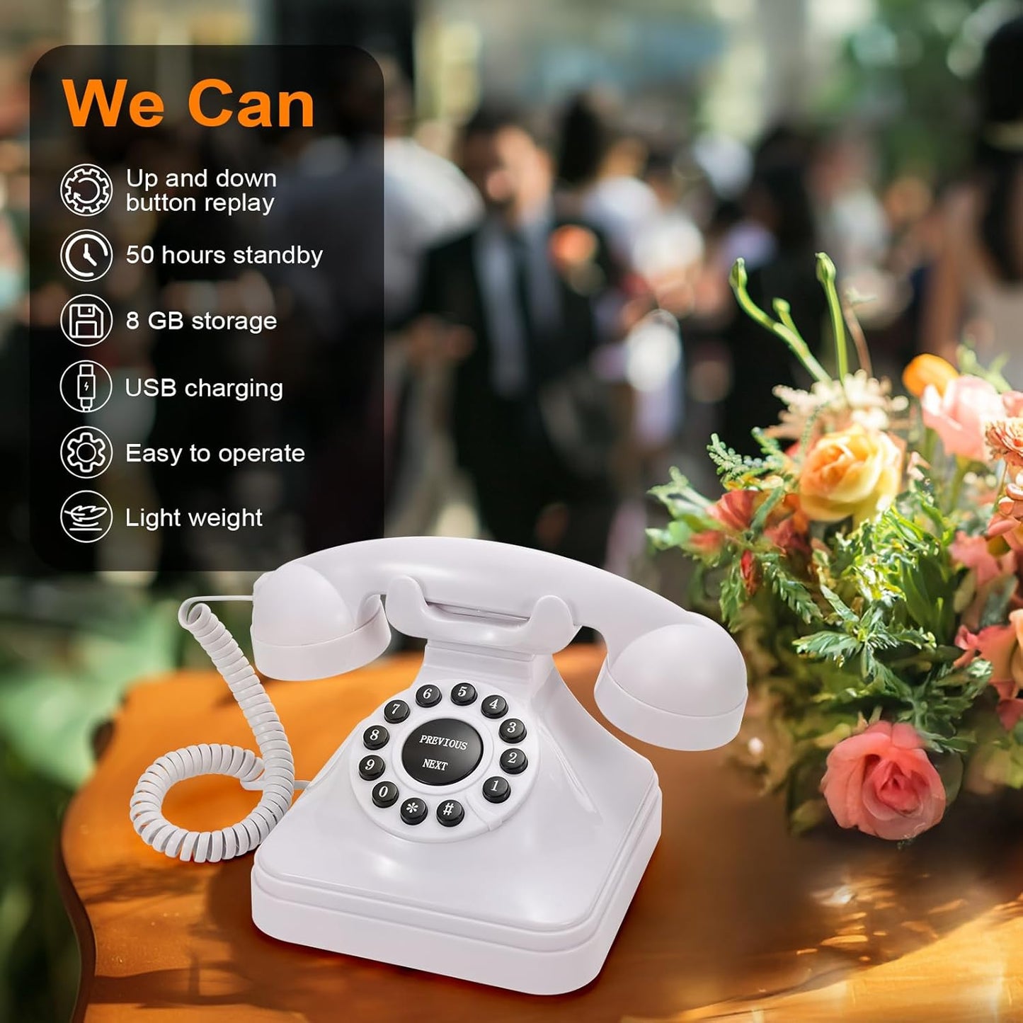 Guest Book Audio Wedding Phone,Record Voice Messages,Retro Guest Book for Wedding or Birthday Party Message Voicemail,Save The Blessings of Your Relatives and Friends（White）
