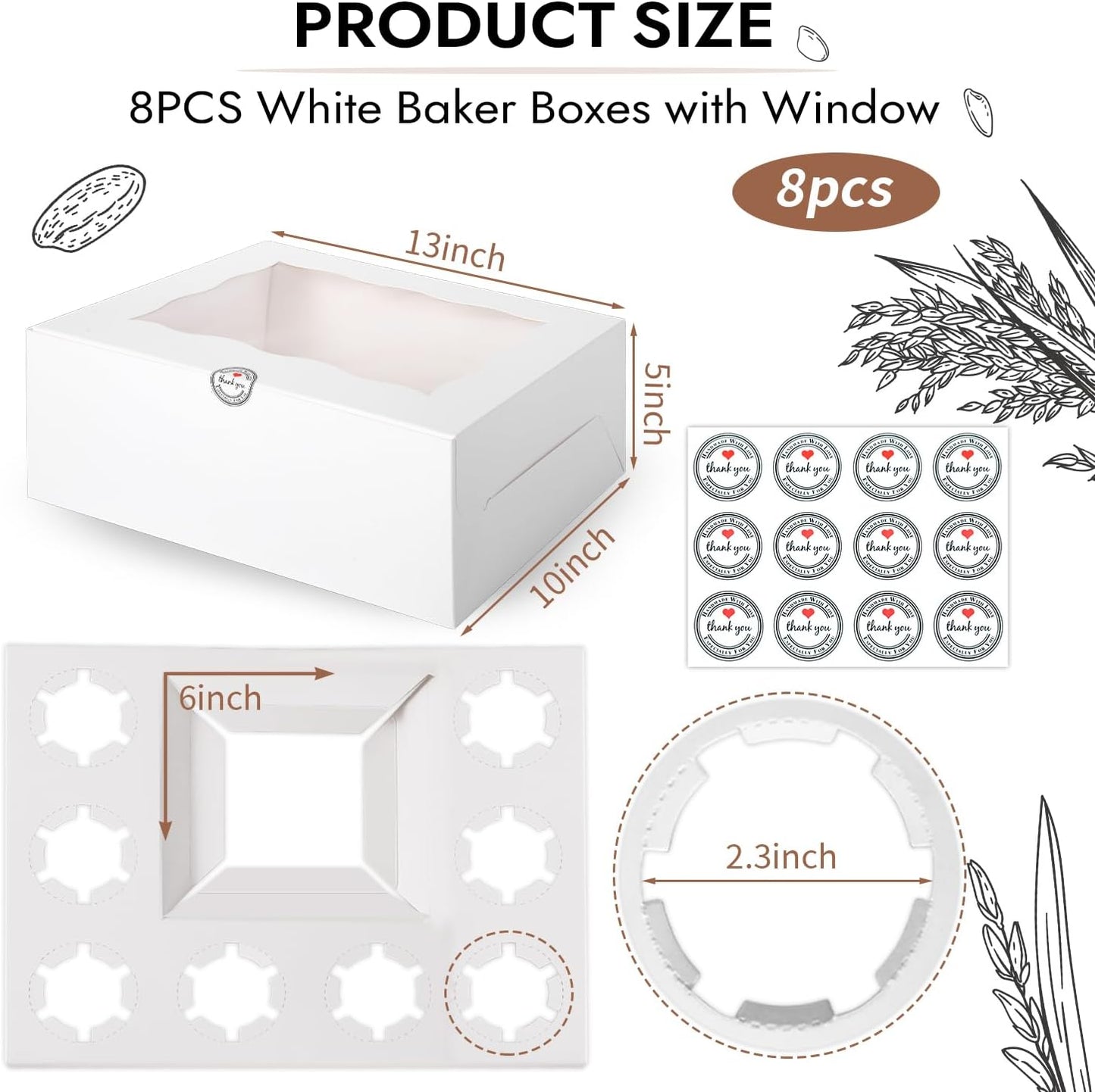 JCD 9 Holes Fit 8 Cupcakes and 1 Mini Cake Box Combo,8 sets of Cake Boxes, Pastry Sweets Bento Box, Cupcake Combo Box with Stickers(1+8/8pcs)
