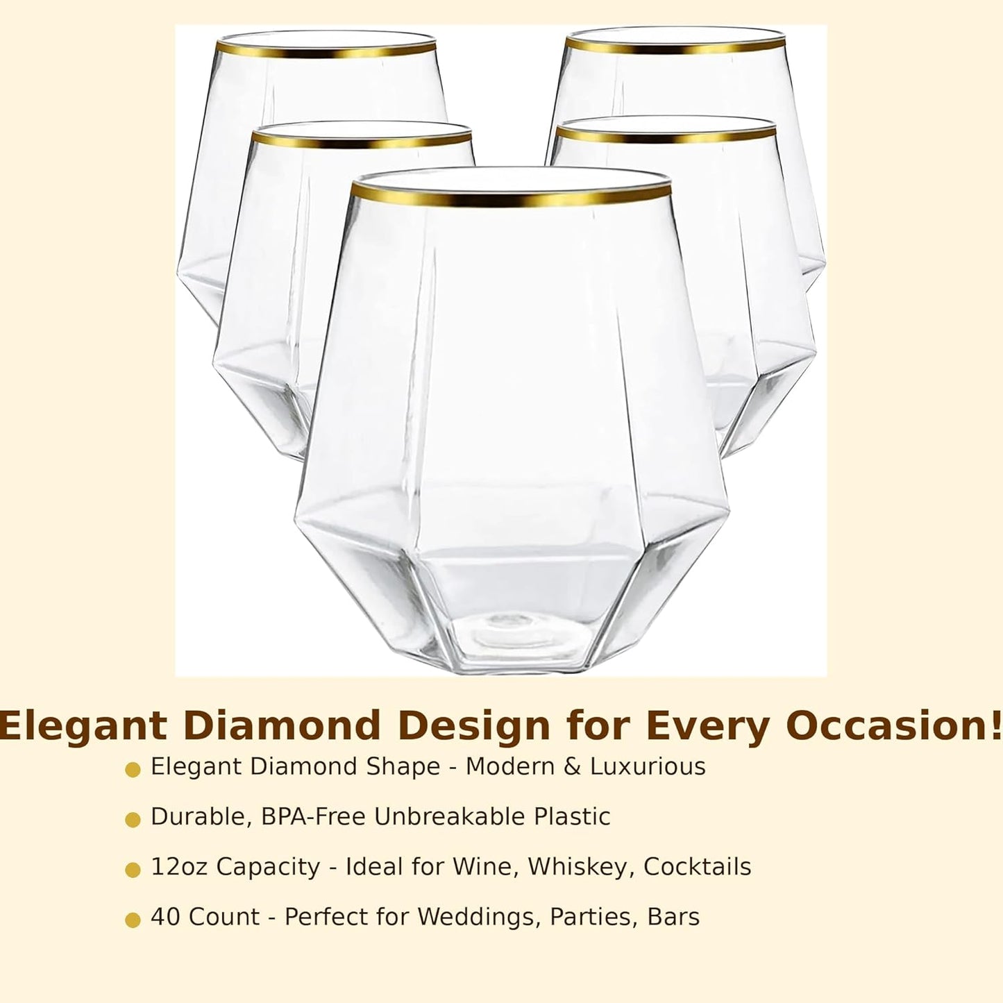 40 count Diamond Unbreakable Stemless Plastic Wine Champagne Whiskey Glasses Elegant Durable Disposable Indoor Outdoor Ideal for Home, Office, Bars, Wedding, 12 Ounce Cups Gold Rim (Gold)