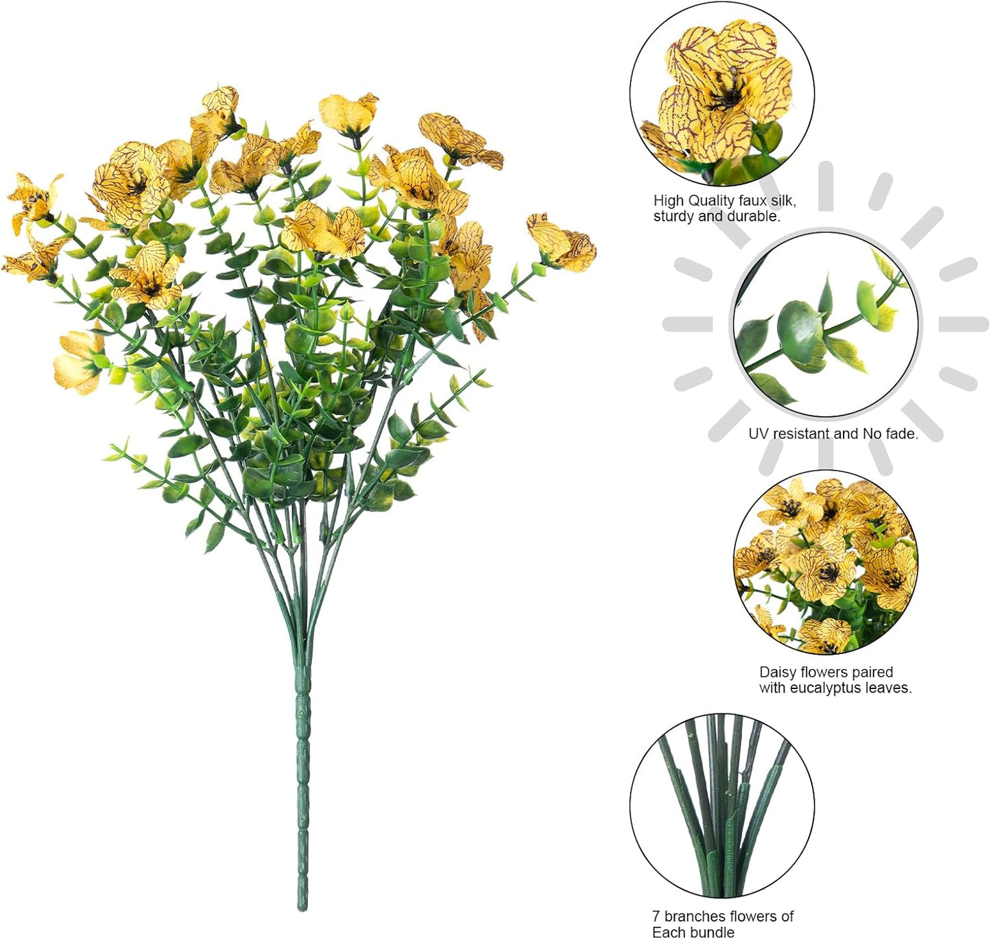 HyeFlora Artificial Fall Flowers Faux Mums for Outdoor Indoor Garden Home Decoration, Faux Flower Daisy with Eucalyptus Leaves Fake Plants Greenery Boxwood Porch Patio, 12 Bundles (Yellow)