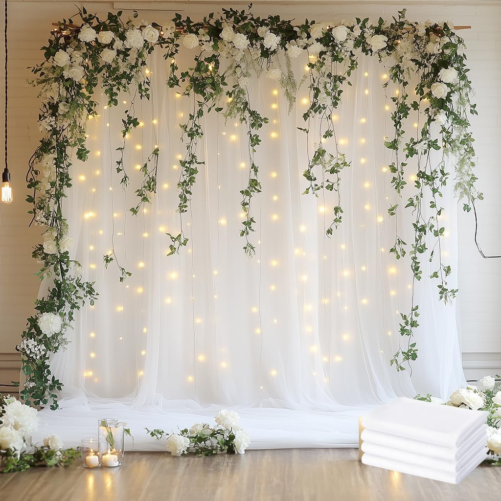 Tulle Backdrop Curtain with Lights String 20 X 8FT White Sheer Tulle Backdrop Curtains for Wedding Birthday Party Reception Photo Booth Background Decorations (4 Panels 5x8FT)