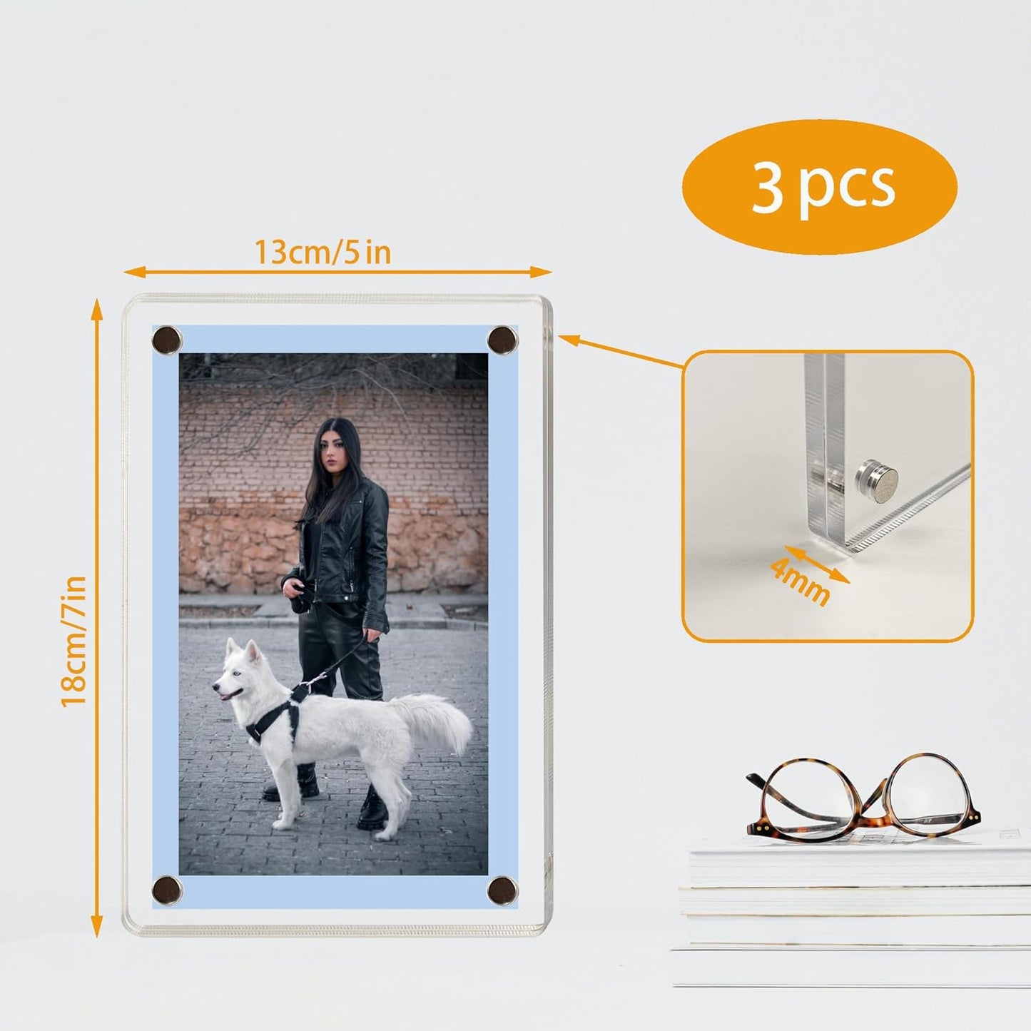 3 Pack acrylic fridge magnetic frame 5X7 Inch refrigerator photo magnet frames clear picture frames magnetic photos Display frame Double-Sided acrylic magnet frames(3pcs clear, 5x7 inch)