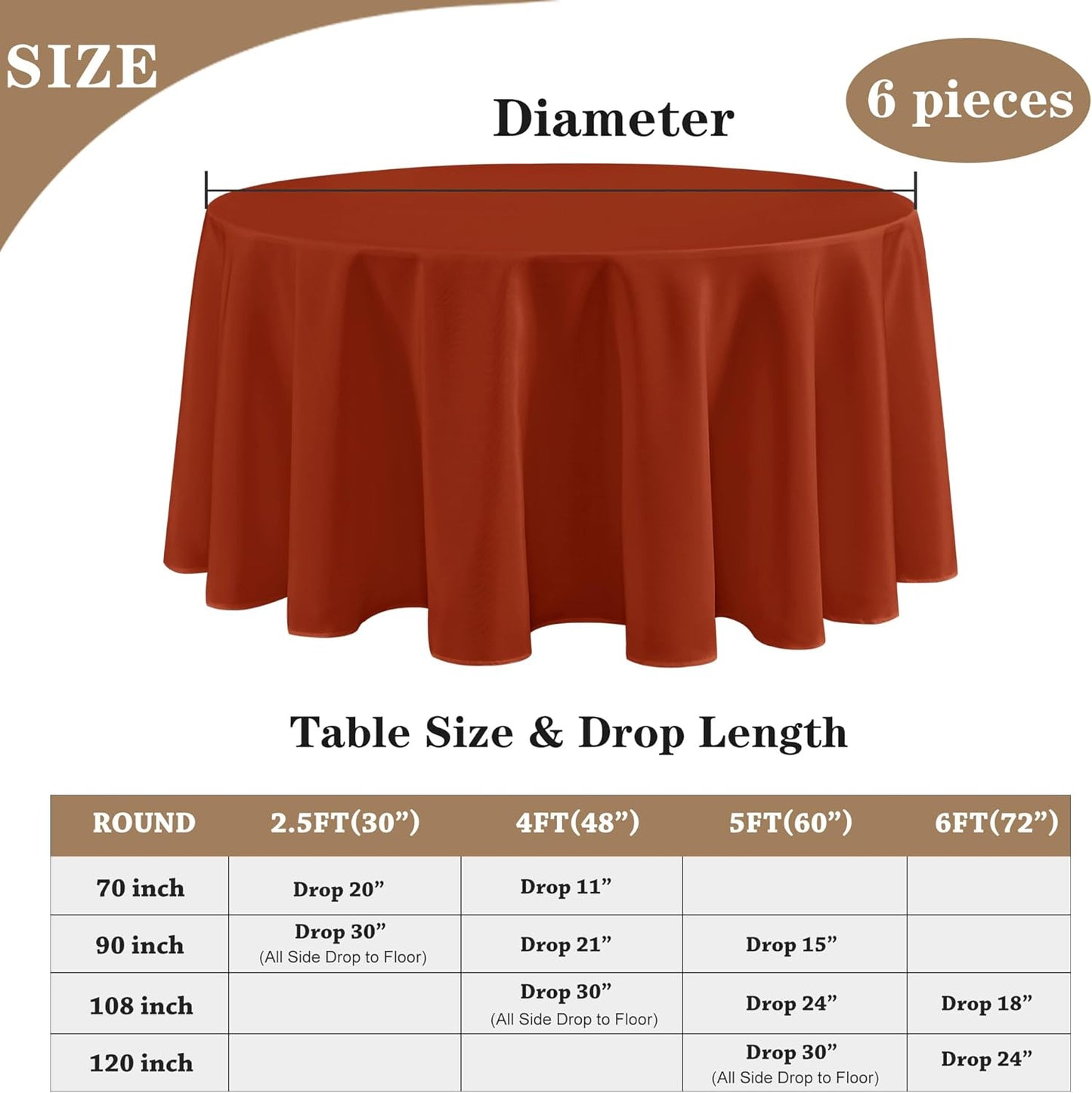 Fitable 6 Pack Rust Round Table Clothes - 70 Inches in Diameter - Stain Resistant and Washable Fall Tablecloths, Polyester Fabric Table Covers for Wedding, Party, Banquet, Gathering
