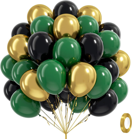60pcs Green and Black balloons 12inch with Dark Green Metallic Gold Balloons for Jungle Safari Birthday Party Decorations