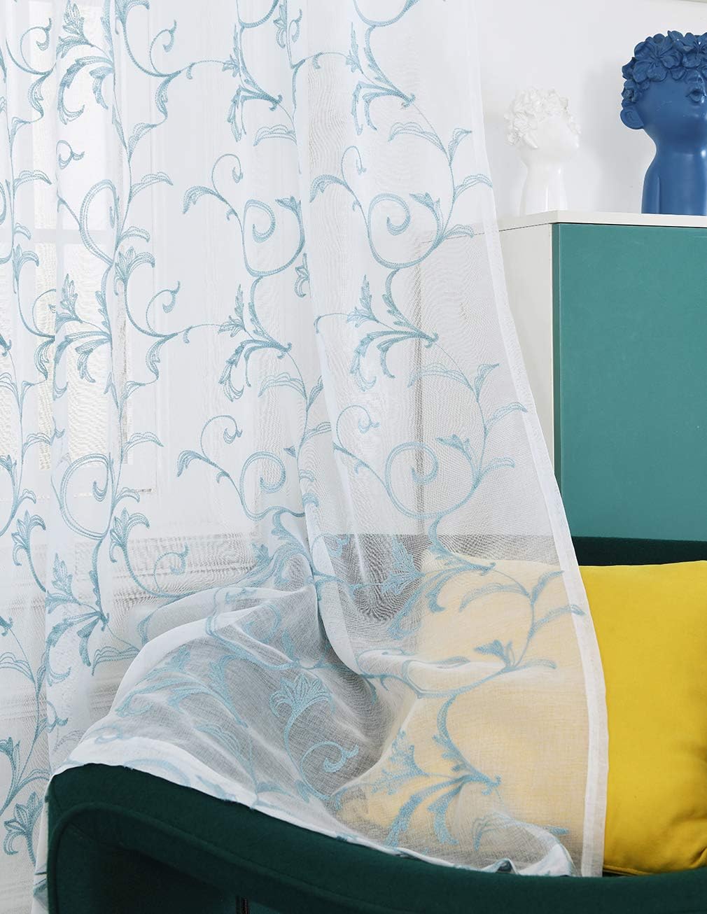 Embroidered Sheer Curtains Blue 95 Inches Vintage Floral, Window Treatments Rod Pocket Drapes for Living room, Bedroom, Semi Crinkle Voile Curtain Panels for Yard, Villa, Parlor, Set of 2, 52"x95".