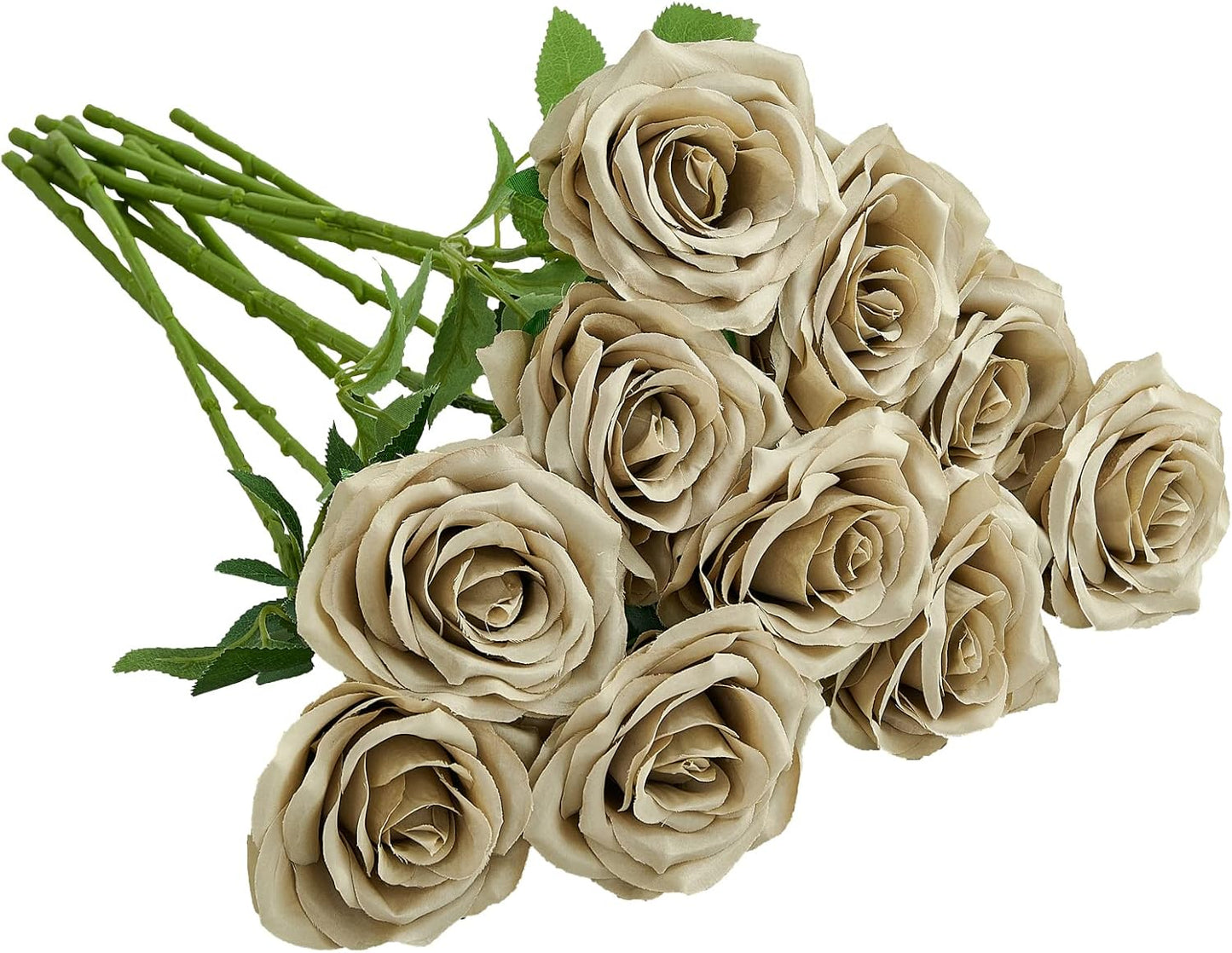 Artificial Rose 10pcs Open Flower Bouquet Faux Rose Stems for Wedding Arrangement, Bridal Bouquet, Centerpiece, Fake Faux Silk Flowers (Sand)