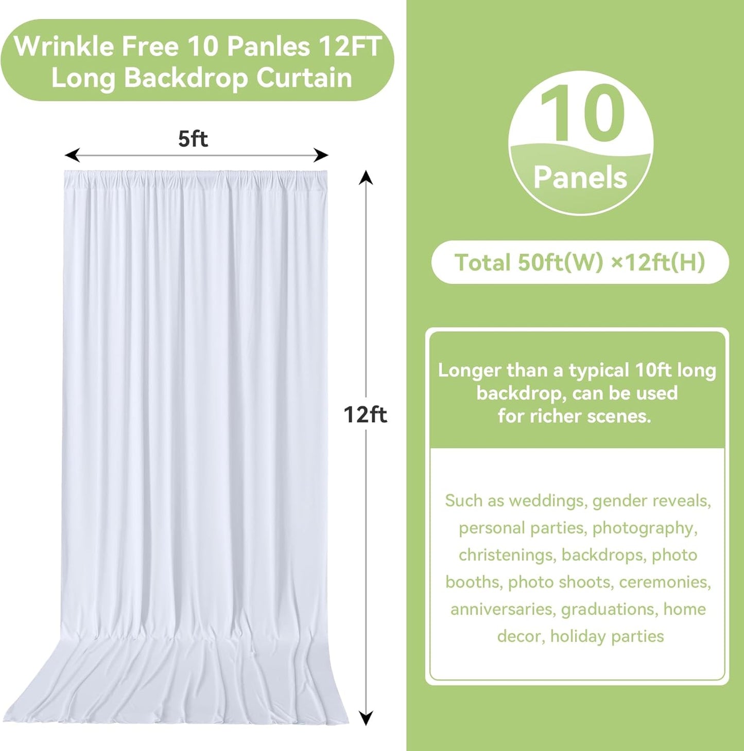 50ftx12ft Wrinkle Free White Backdrop Curtain, 10 Panels 12FT Height White Wedding Backdrop Drapes, Silky Polyester Back Drop Cloth for Birthday Photography Background Party Backdrop Draping