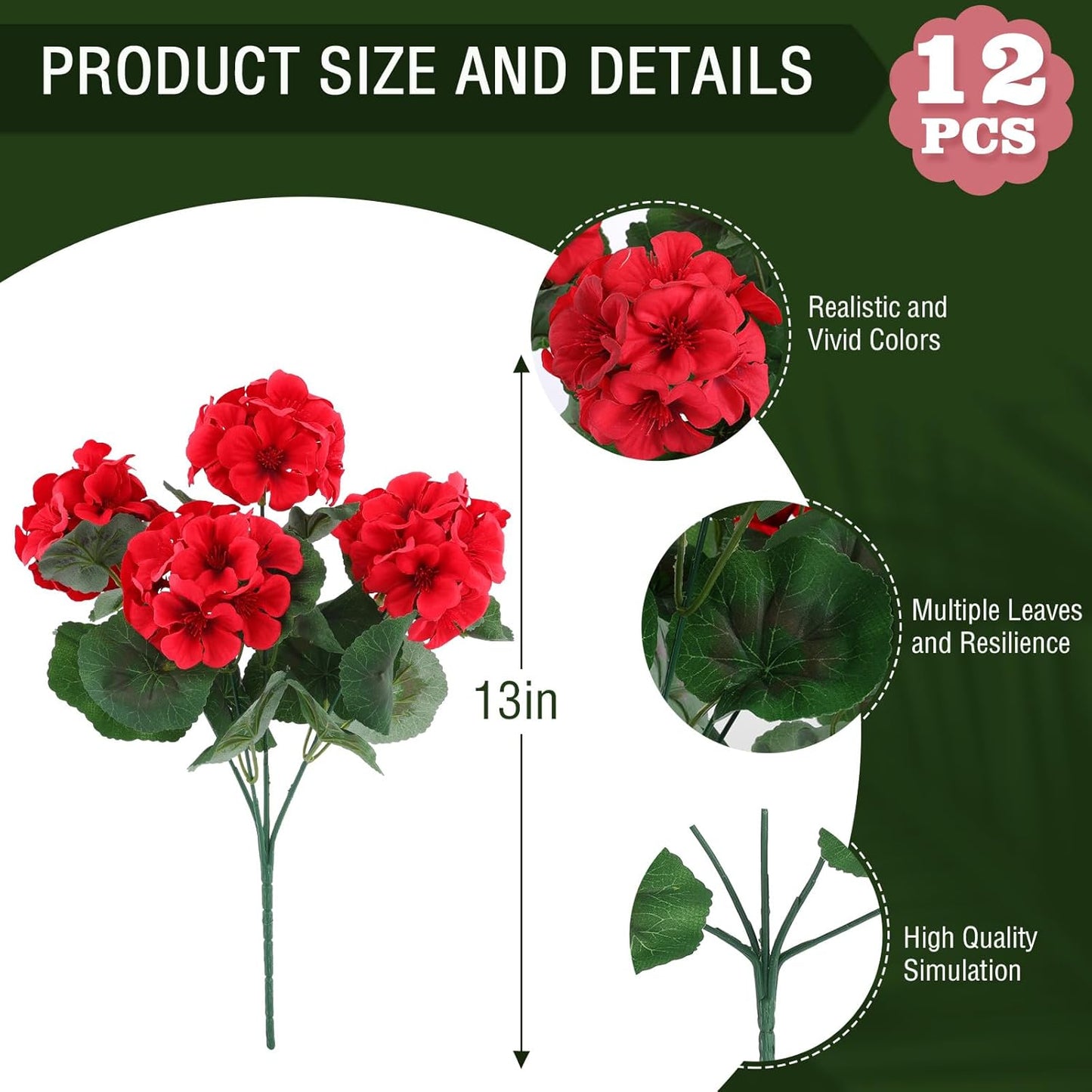 Hananona 12 Pcs Artificial Geranium Flowers for Outdoors Geranium Silk Red Flowers Outdoor UV Resistant Garden Plants Faux Flower for Christmas Home Kitchen Table Centerpieces Decor (12, Red)