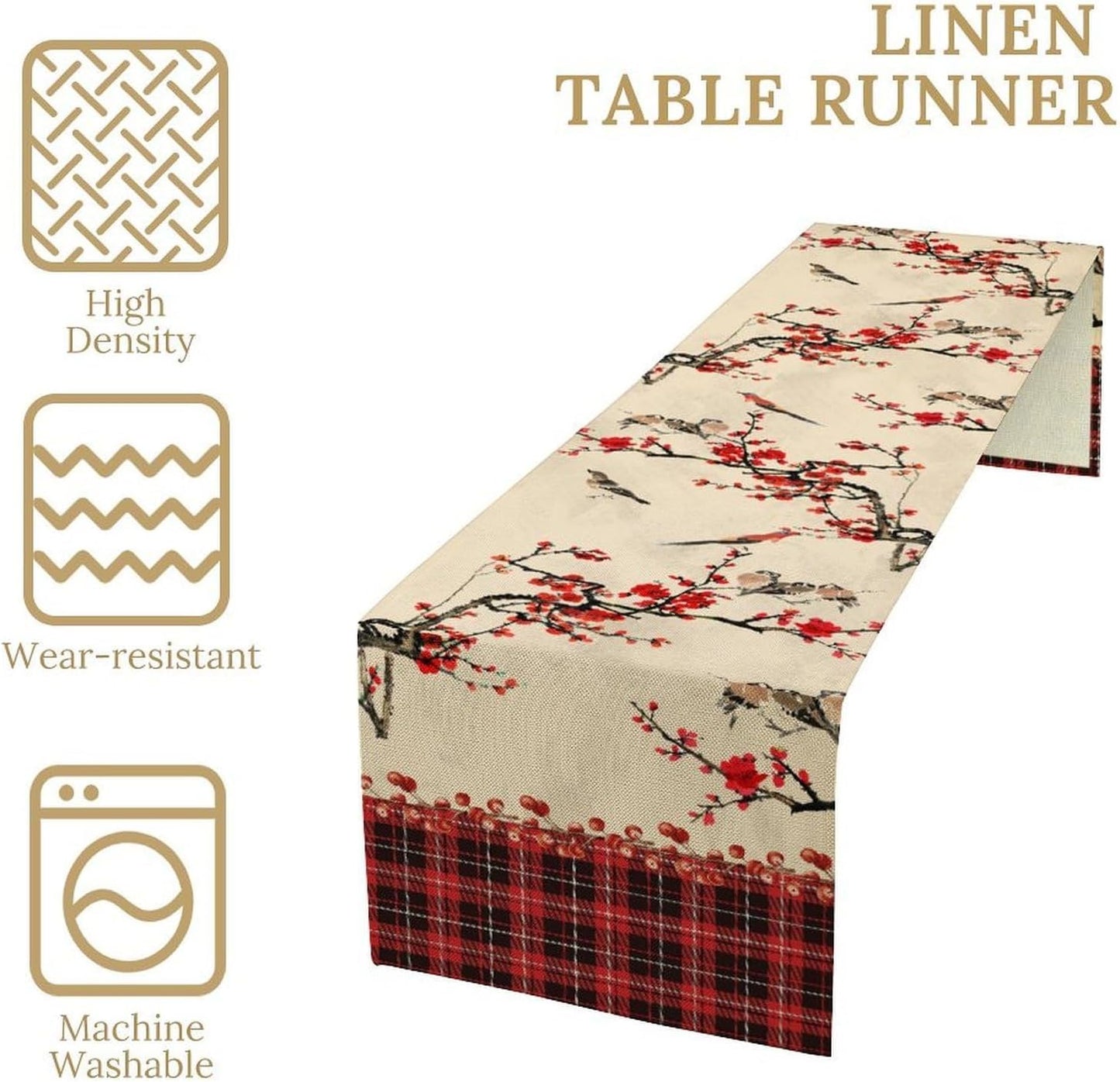 Bird Table Runner,Red Black Buffalo Plaid Blossom Seasonal Table Runner for Kitchen Dining Table Decoration Home Party Decor 13x36 Inch