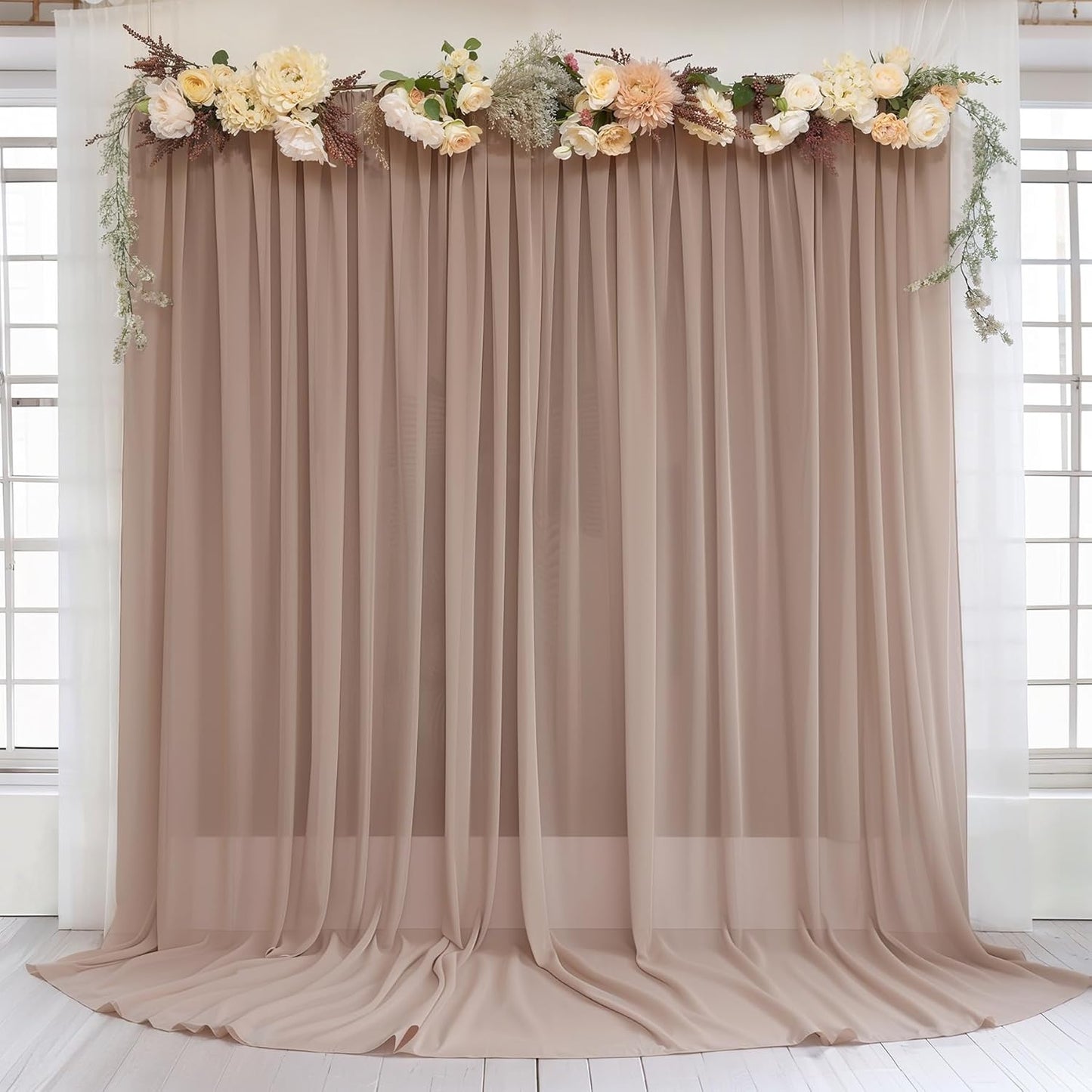 10ft x 10ft Taupe Backdrop Curtain Drapes, Wrinkle-Free Sheer Chiffon Fabric Photo Backdrop Panels for Wedding Arch Party Ceremony Stage Photo Backgrounds