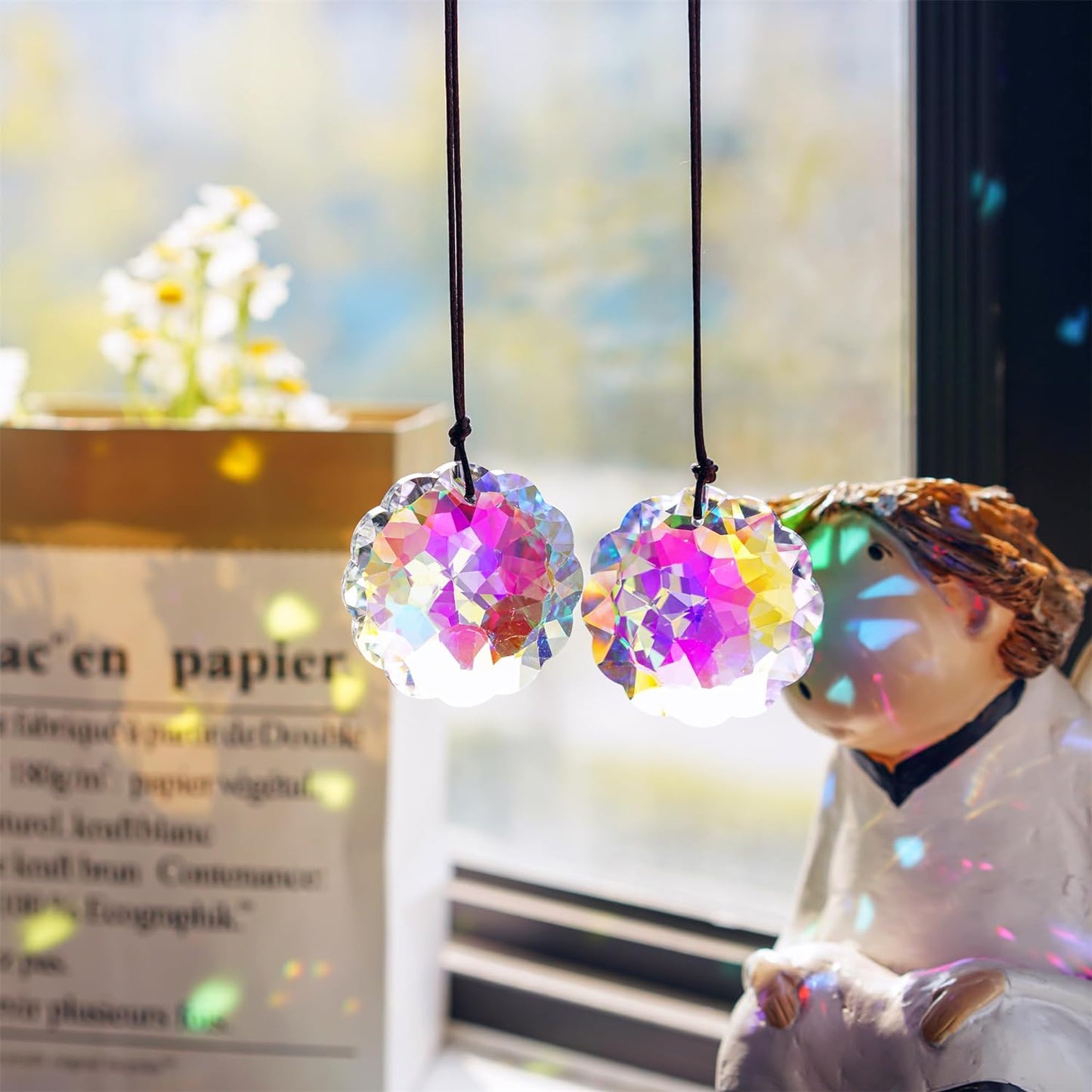 HDCRYSTALGIFTS Set 2 AB Color Crystal Suncatcher Datura Shaped Pendant Rainbow Feng Shui Hanging Prism (45mm)