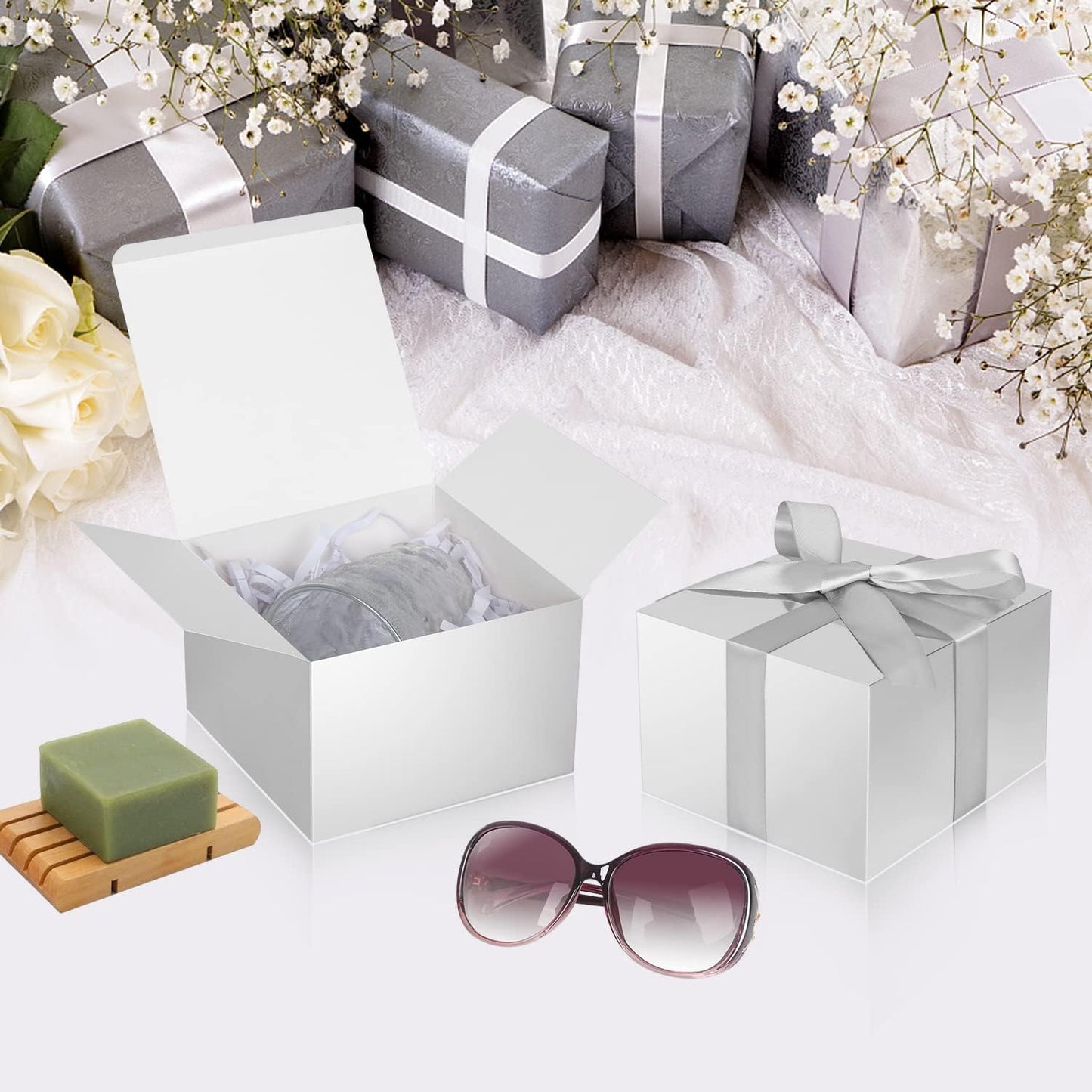 COTOPHER Small Gift Boxes 10 Pack 6x6x4 inches Silver Gift Boxes with Lids for Gifts, Crafting, Wedding Party Favor, Cupcake Box, Candy, Bridesmaids Proposal Box