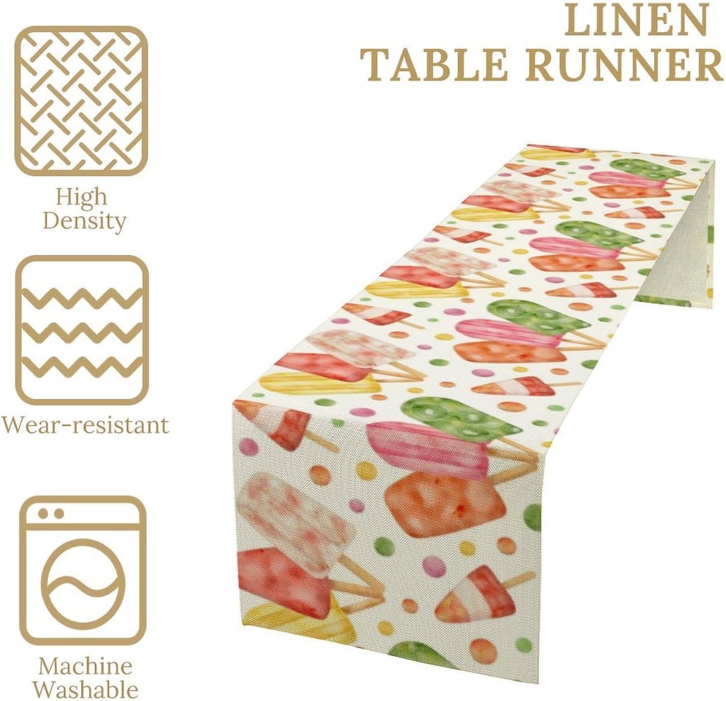 Summer Popsicles Table Runner, Watercolor Colorful Fruit Ice Cream Pops Berry Kiwi Cold Summer Sweet Seasonal Dinner Runner for Party Holiday Home Kitchen Dining Table Decor 13"x60"
