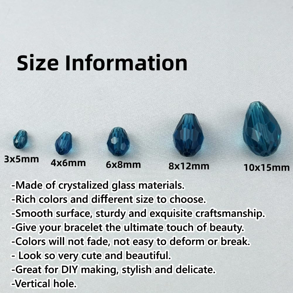 150pcs 4x6mm Teardrop Crystal Glass Beads for Jewelry Making, Faceted Vertical Hole Teardrop Glass Spacer Beads for Wind Chimes Bracelet Earring Necklace DIY Craft(Peacock Blue)