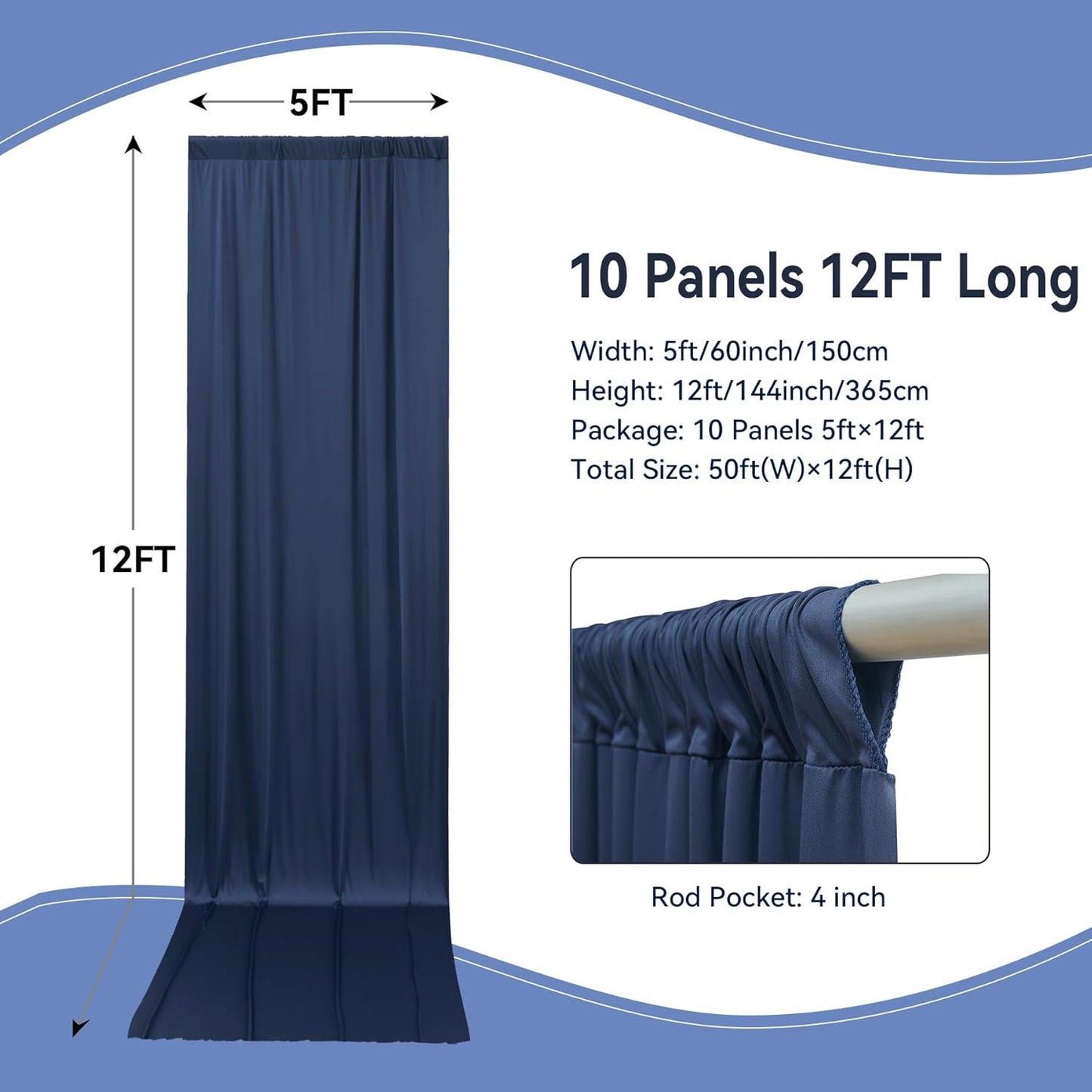 50×12ft Navy Blue Wrinkle Free Backdrop Curtain for Wedding Parties, 10 Panels 5×12ft Long Soft Silky Polyester Backdrop Drapes Photo Back Drop Curtains for Birthday Photography Background Cloth