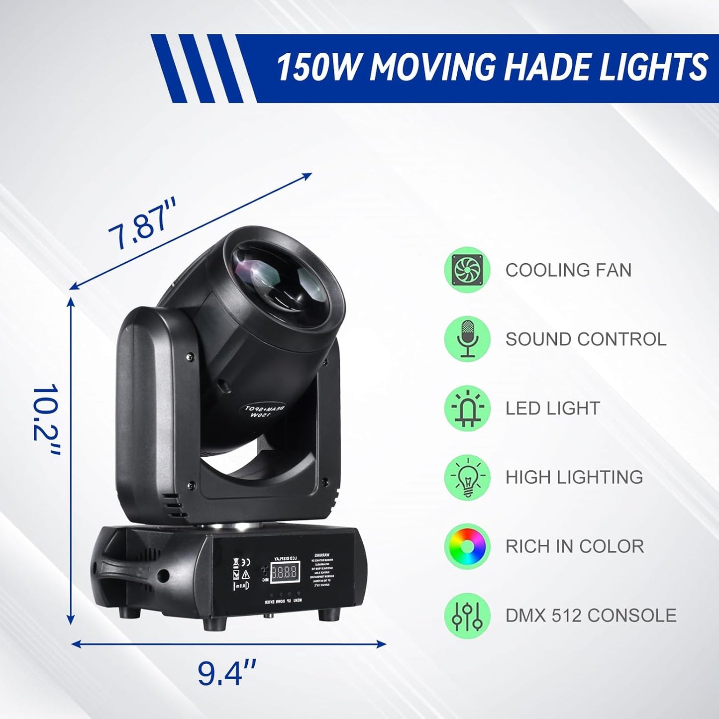 150W Moving Head DJ Lights LED Stage Light Beam Spot Wash 8 Gobos 8 Colors Stage Lighting DMX 512 with Sound Activated for Wedding Live Show Disco Events Party(150W, 1)