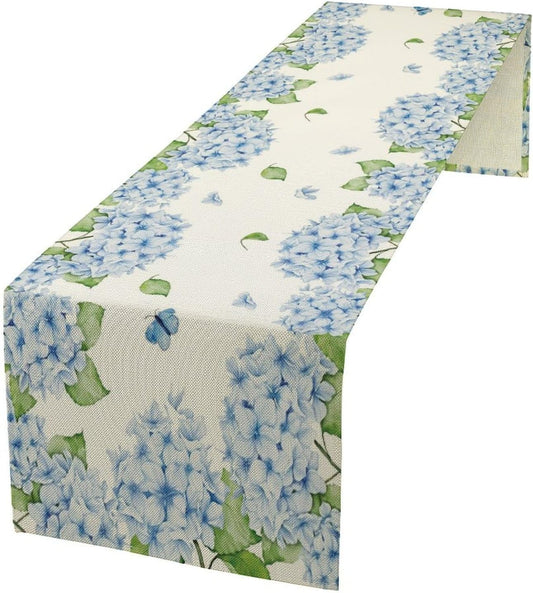 Watercolor Hydrangea Flower Table Runner, Spring Summer Seasonal Plants Butterfly Blue Dinner Runner for Home Kitchen Dining Table Party Holiday Decoration 13"x60"