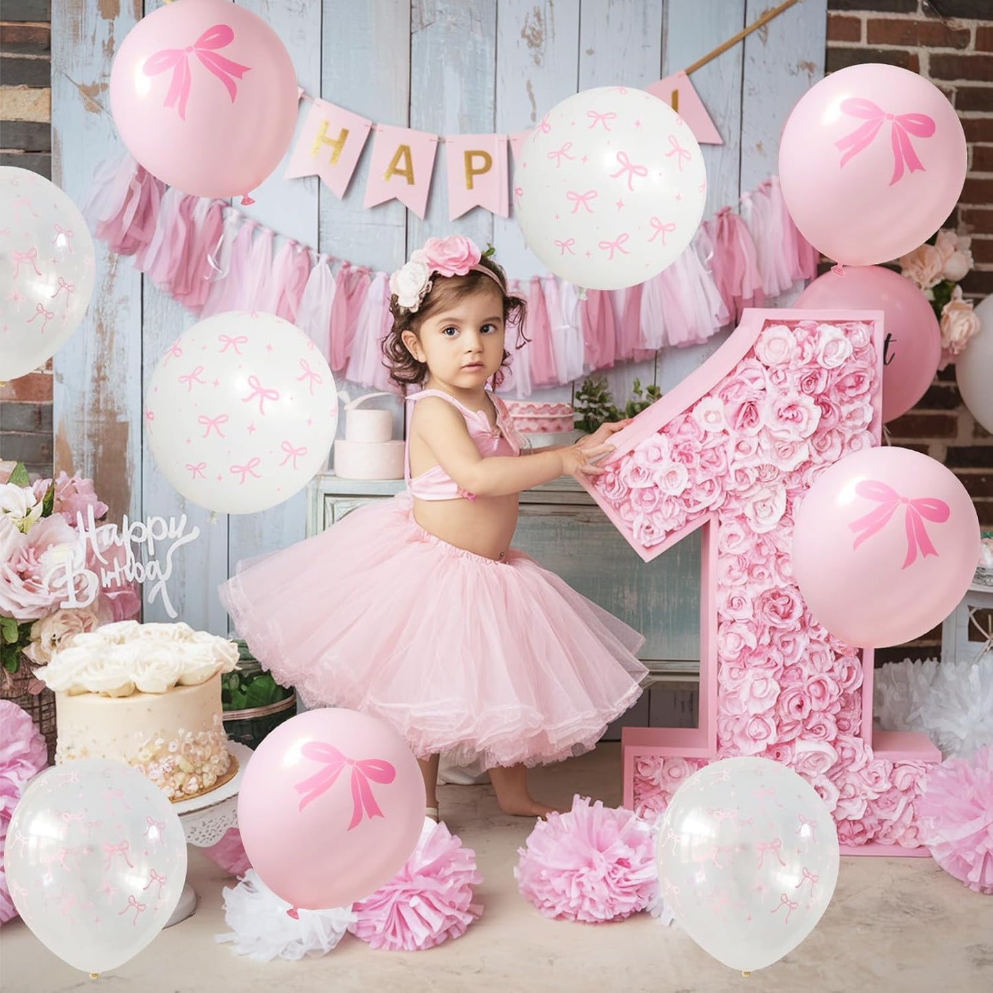 Pink Bow Balloons, 35PCS Light Pastel Pink Clear White Bow Latex Balloon for Girls Women Wedding Bridal Baby Shower Bachelorette Engagement Princess Coquette Birthday Theme Party Decorations Supplies