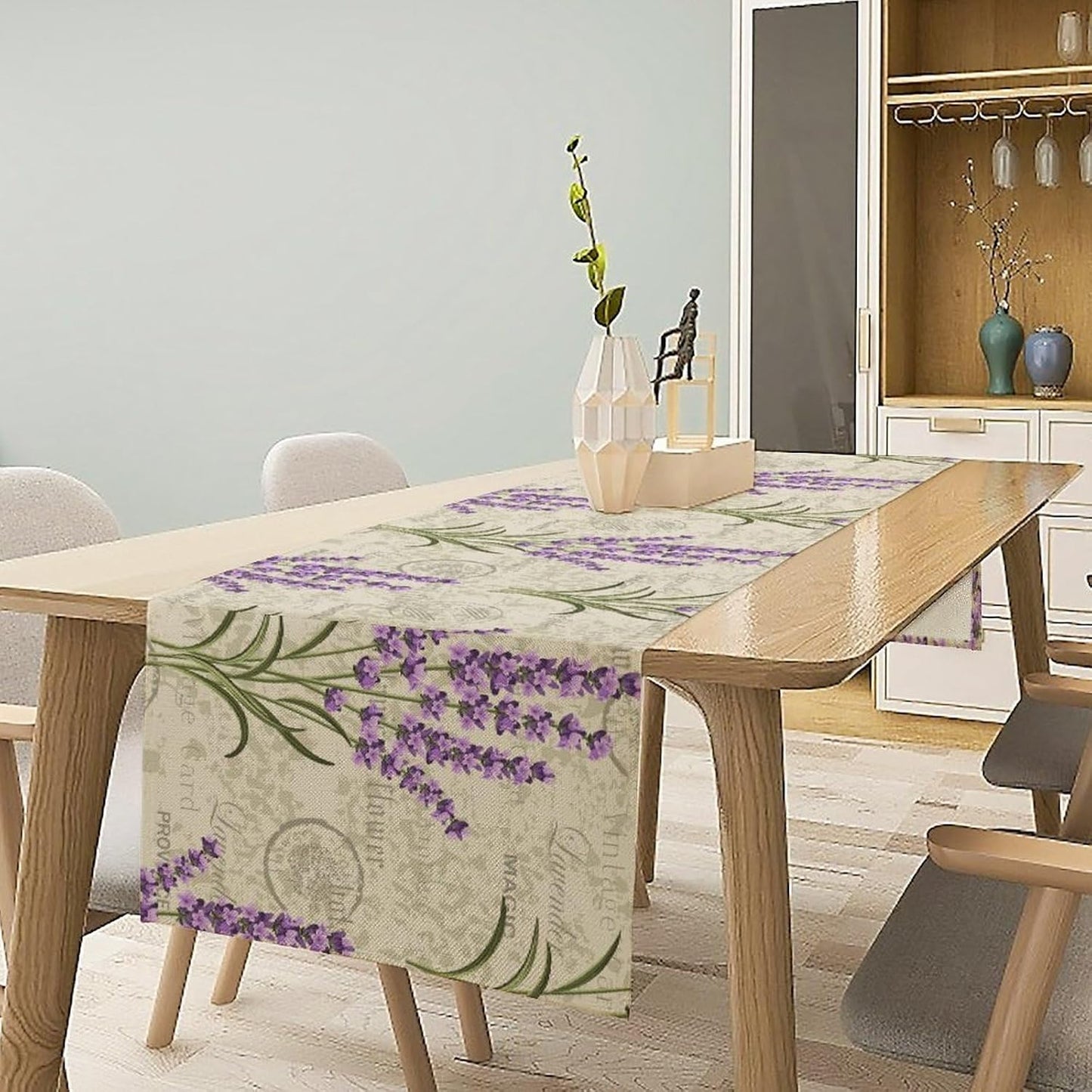 Floral Lavender Table Runner,Vintage Rustic Country Romantic Purple Flower Pattern Print Burlap for Hotel Indoors Outdoor Dining Room Kitchen Home Decor, 13x70in