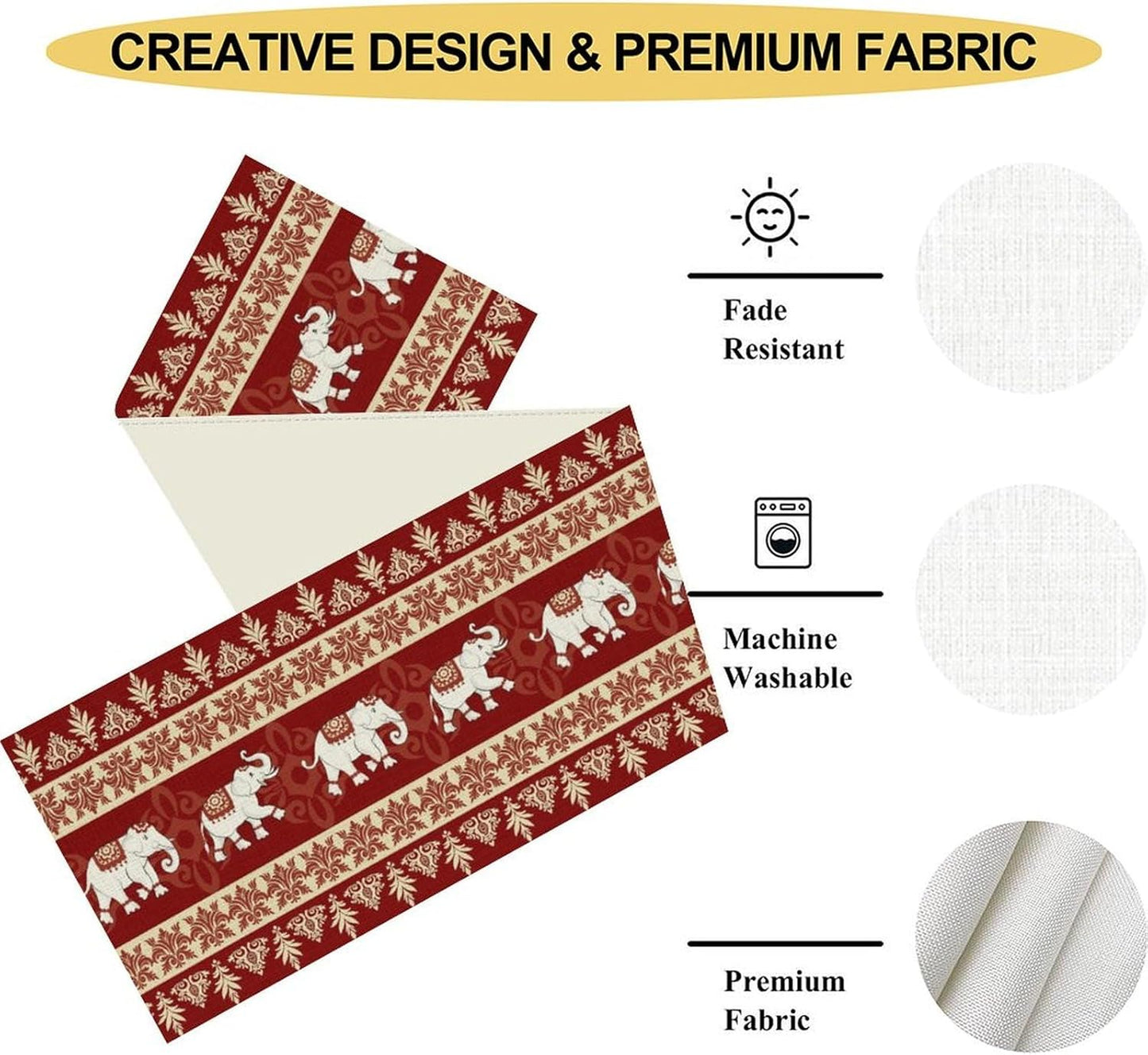 Boho Elephant Table Runner, Vintage Tribal Traditional African Animals Ethnic Folk Red Table Center Decor for Home Kitchen Dining Patio Holiday Party Indoor Outdoor Table Decorations, 13"x90" Inch