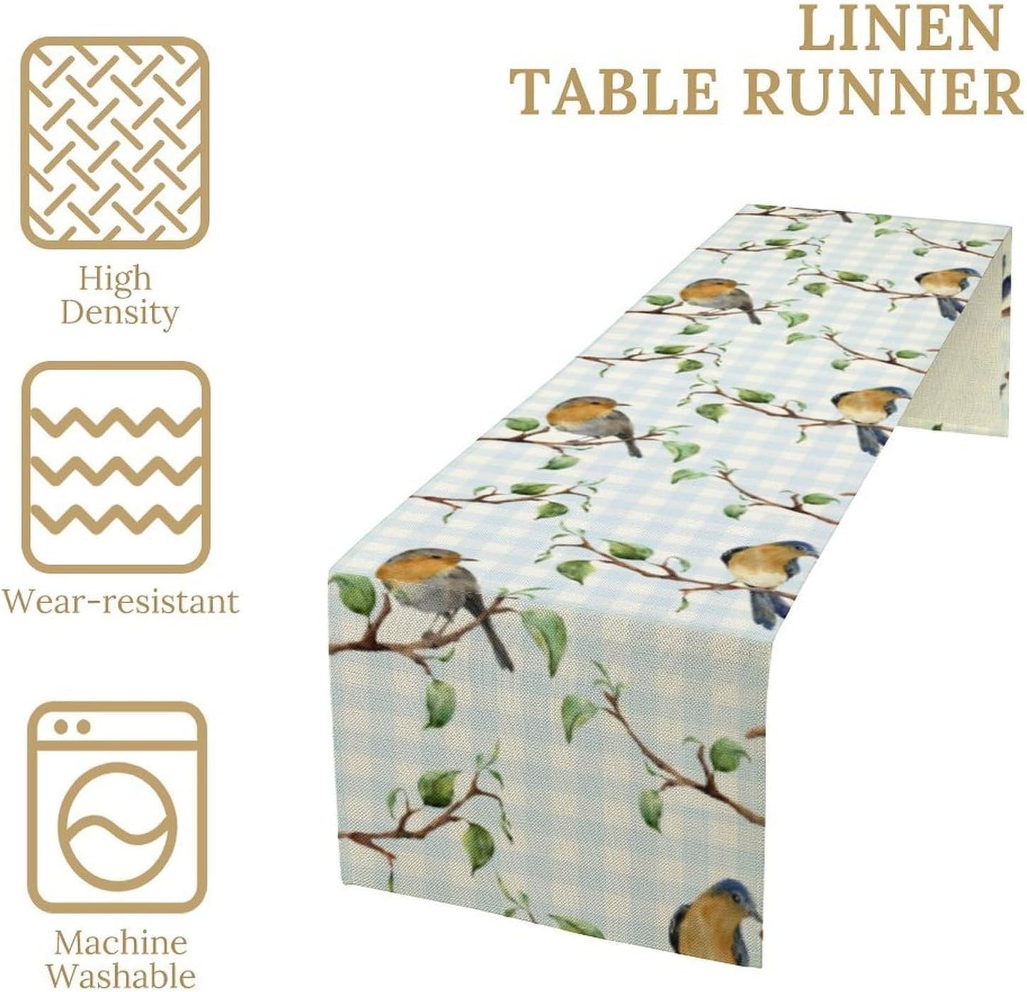 Bird Table Runner,Spring Birds Tree Blue Plaid Print Table Runner for Kitchen Dining Table Decoration Home Party Decor 13x108 Inch