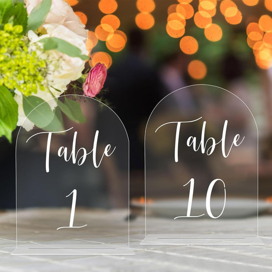 JOYIT Arch Wedding Table Numbers 1-10 with Stands – 5" X 7" Acrylic Table Signs with Clear Background White Text, Perfect Acrylic Table Numbers for Wedding Receptions, Parties, Anniversaries, and Events