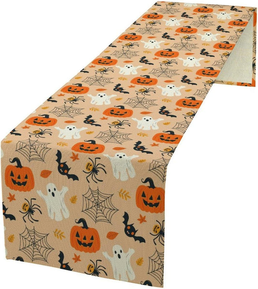Halloween Table Runner,Cute Ghost Pumpkin Leaves Table Runner for Kitchen Dining Table Decoration Home Party Decor 13x70 Inch