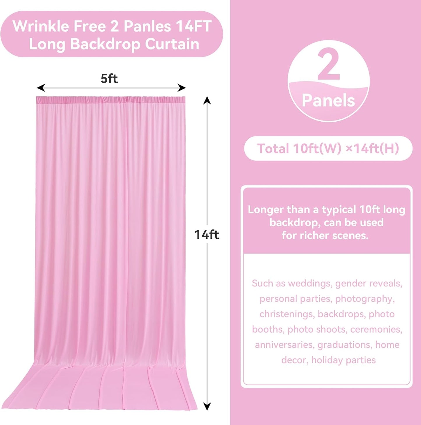 10ftx14FT Wrinkle Free Pink Backdrop Curtain, 2 Panels 14FT Height Pink Wedding Backdrop Drapes, Silky Polyester Back Drop Cloth for Birthday Photography Background Party Backdrop Draping