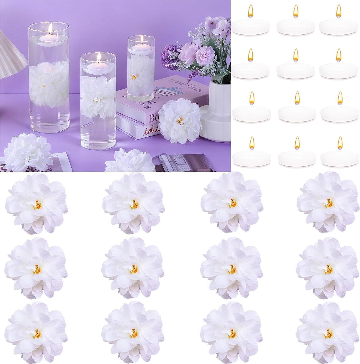 24 Pcs Floating Candles for Centerpieces and Floating Flowers Vase Fillers for Centerpieces White Artificial Flowers for Wedding Table Party Home Decoration