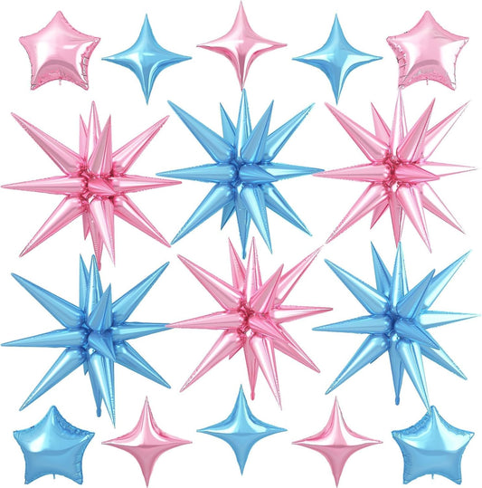 Pink Blue Star Balloon,16Pcs Star Foil Balloons Set with 22Inch Explosion Spike Cone Balloons and 10Inch Quadrangle Helium Balloon for Birthday Wedding Baby Shower Party Decorations