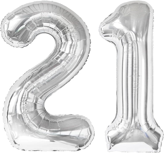 Silver Number 21 Balloon 40 inch, Number 21 Birthday Balloon for Boy Girl, Silver Foil 21 Balloon for 21 12 Birthday Party, Anniversary Celebration Number Balloons Decorations