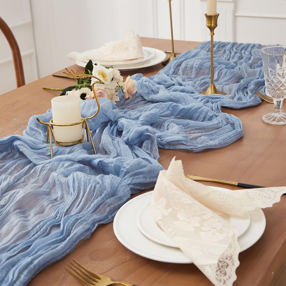 Dusty Blue 6 Pack Cheesecloth Table Runner 120 Inch 10 FT Boho Rustic Gauze for Wedding Baby Shower Party Farmhouse Summer Home Decor Washable
