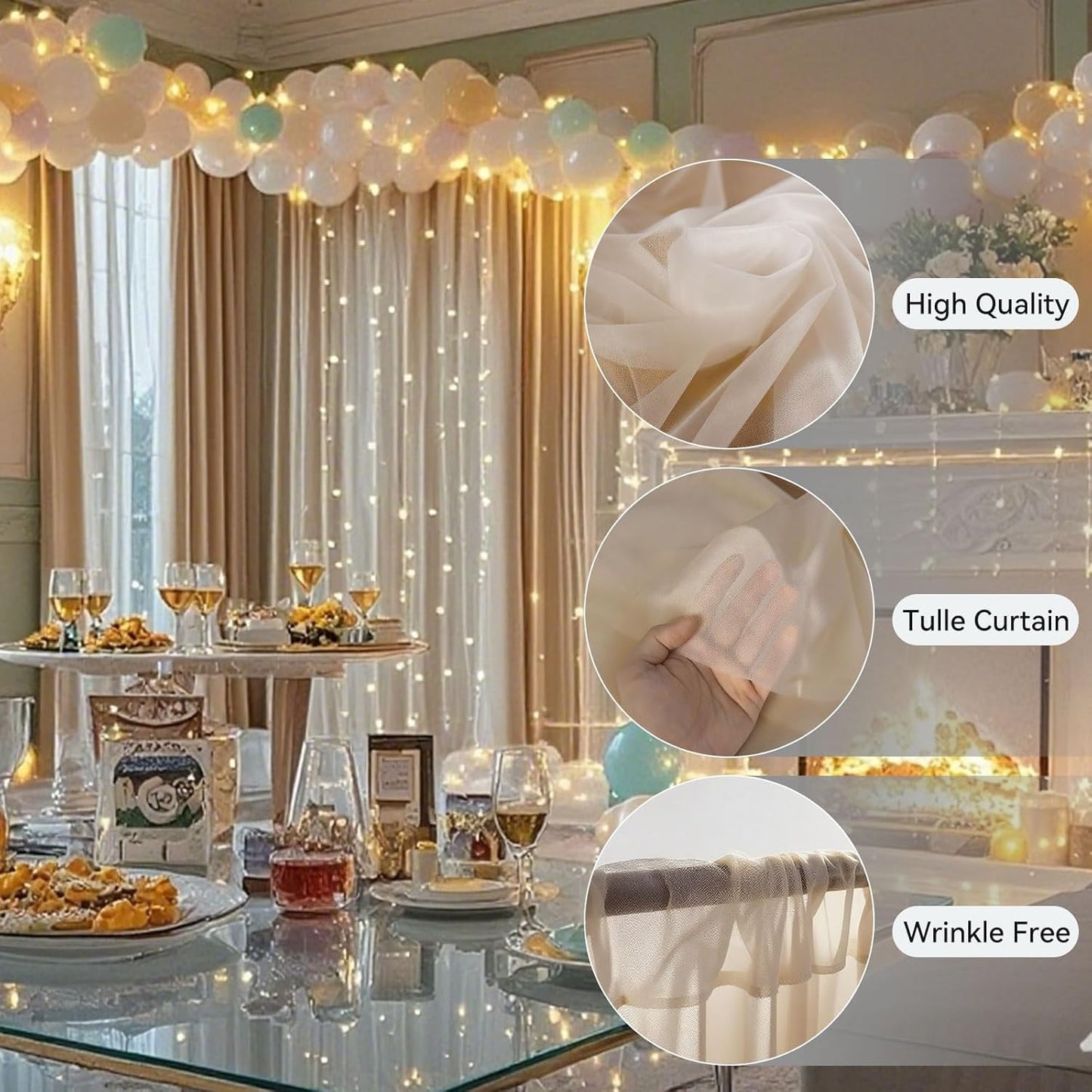 10×8ft Tulle Backdrop Curtains with Lights String - 300LED Fairy Lights Sheer Curtain Backdrop for Weddings Baby Shower and Birthday Party Decorations(2 Panels 5×8ft)