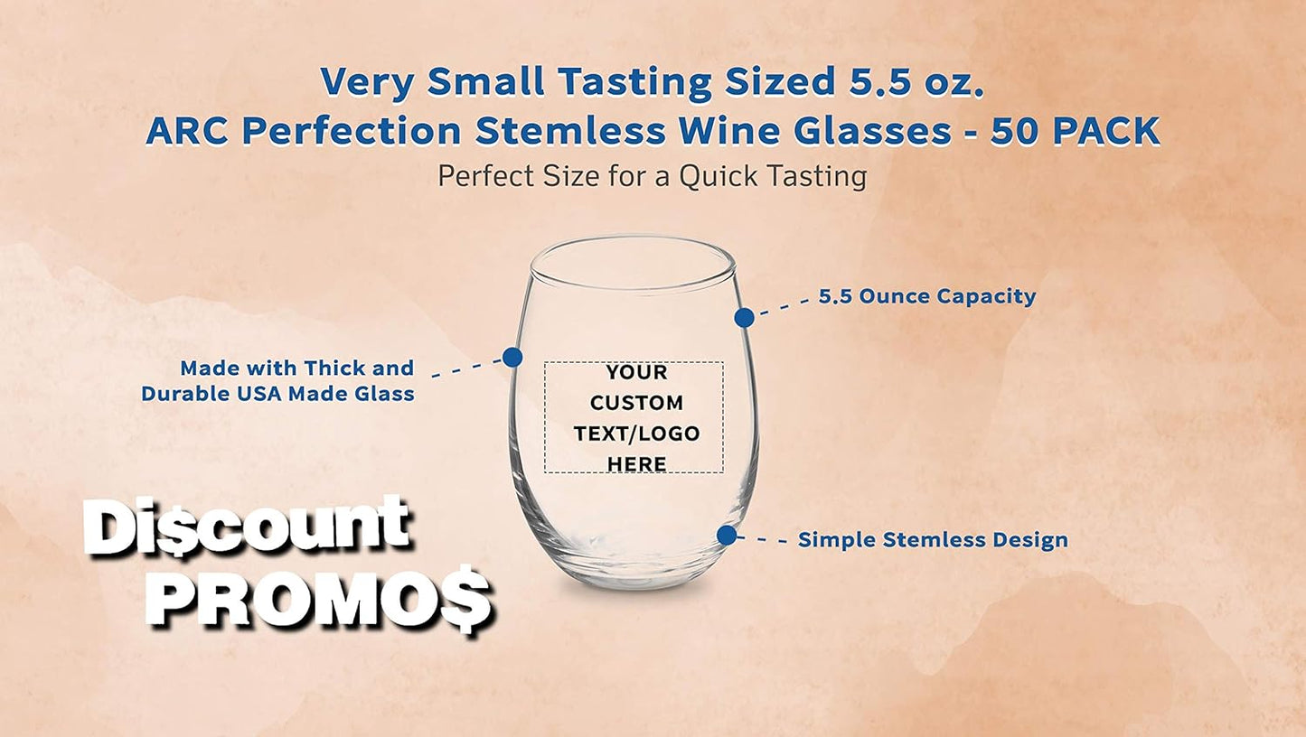 Custom Stemless Wine Glasses by ARC 5.5 oz. Set of 50, Personalized Bulk Pack - Perfect for Hotel, Bar, Restaurant or Lounge - Clear
