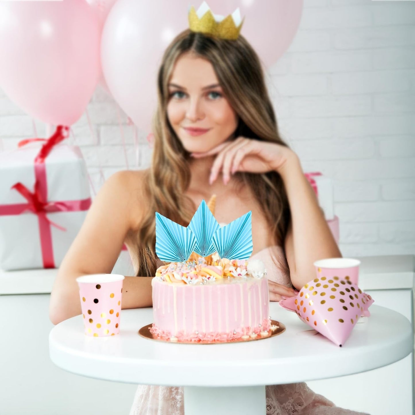 Ephlyn 6Pcs Paper Palm Fan Cake Topper Palm Leaf Fan Cake Pick Decoration for Insert DIY Craft Project Home Made Wedding Bridal Shower Birthday Anniversary Party Cake Decorations Blue