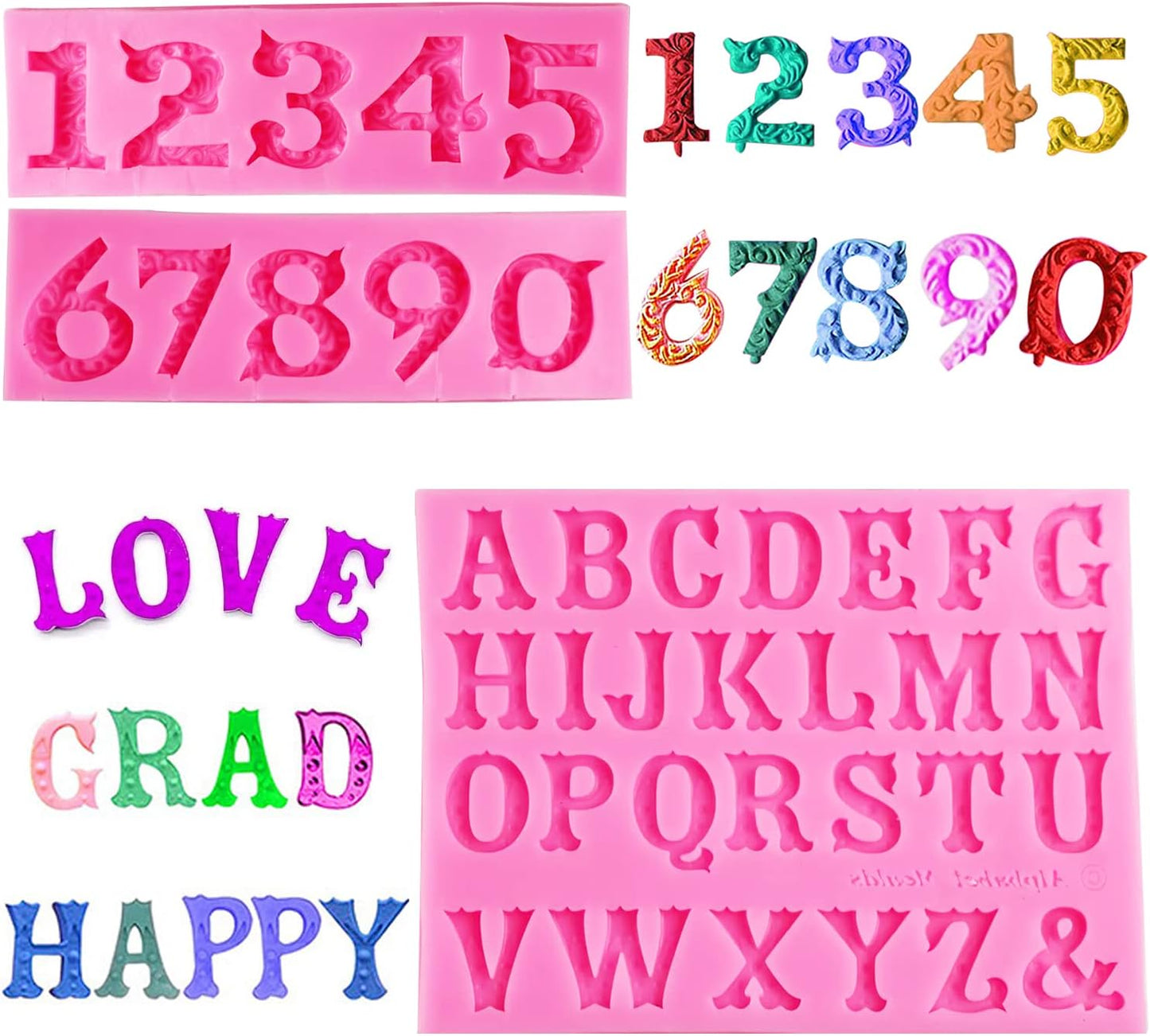 Silicone Fondant Molds, AIMEIKI 3 Pack 3D Silicone Number 0-9 Alphabet A-Z Embossed Fondant Chocolate Baking Molds for Decorating Birthday Cake Candy Chocolate DIY Craft Projects