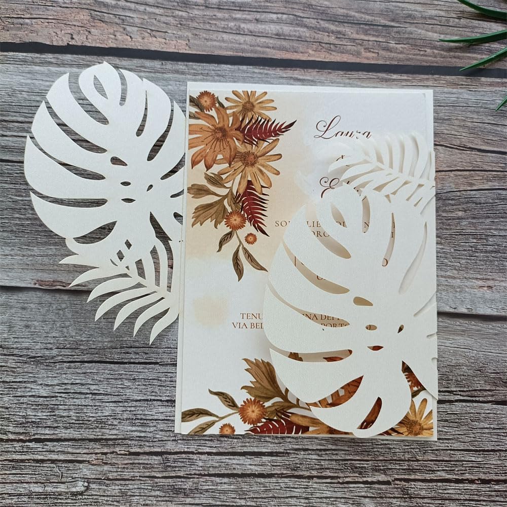 MillaSaw 20pcs Palm Wedding Invitations Cards with Envelopes, for Wedding Bridal Shower Quinceañera Engagement Birthday Invites, Pearl Ivory (ivory)