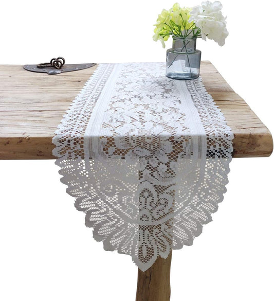 Tinsow 2 Pack Cotton Crochet Lace Rectangular Table Runner Dresser Scarf Doilies (White Style, 13" X 44")