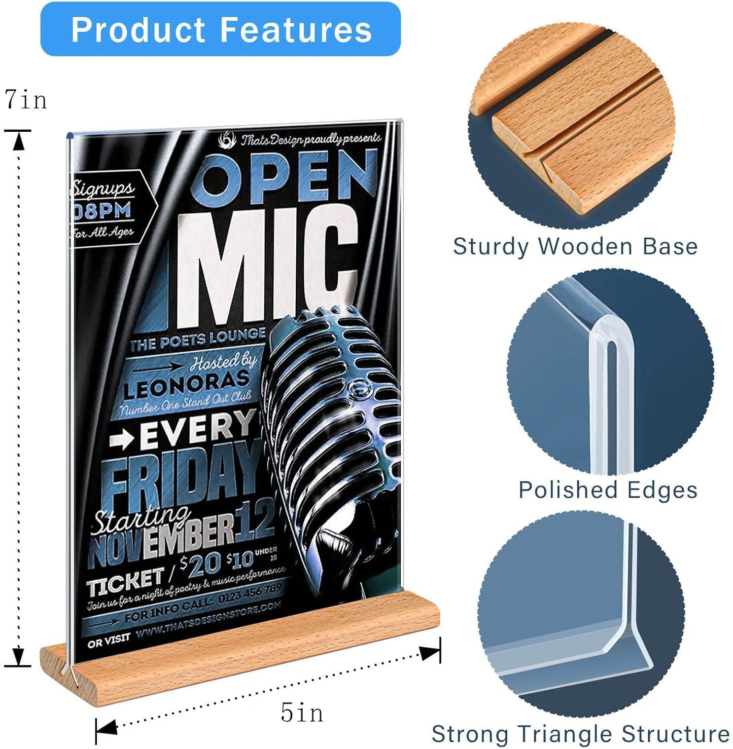 Kersally Acrylic Sign Holder 5 x 7, 3 Pack Double-Sided Clear Table Display Stands with Wood Base,Vertical Acrylic Frame Menu Flyer Paper Holder for Stores, Restaurants, Hotels, Office, Show Fair