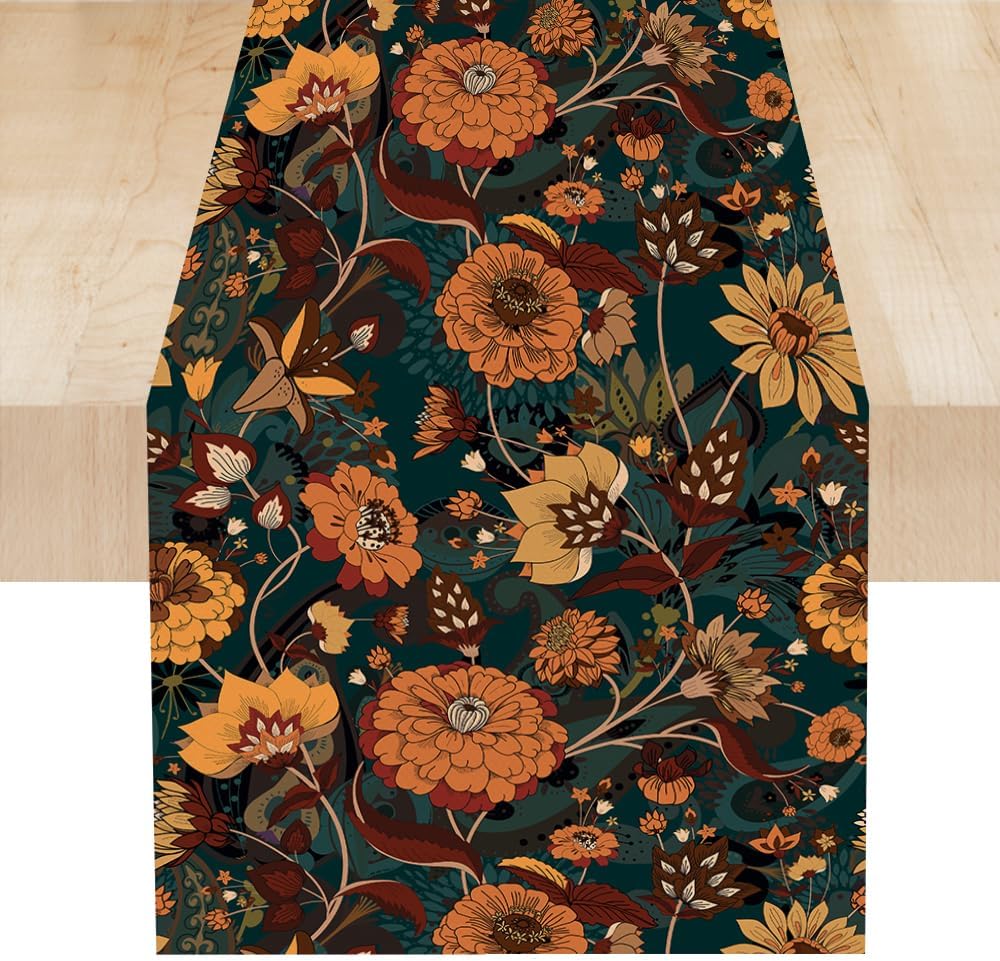 Orange Boho Floral Table Runner, Vintage Bohemian Home Kitchen Table Decoration for Birthday Party Picnic Decoration 13x108 Inch 1PCS