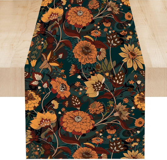 Orange Boho Floral Table Runner, Vintage Bohemian Home Kitchen Table Decoration for Birthday Party Picnic Decoration 13x60 Inch 1PCS