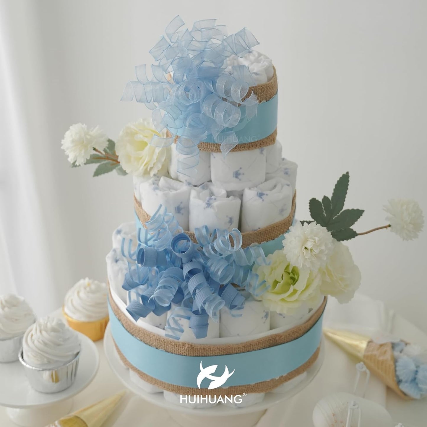 HUIHUANG Blue Bows for Gift Wrapping Burst Curly Gift Bows 5 inch x 8 Counts Self-Adhesive Curly Ribbon Bow for Presents, Treat Bags, Baby Shower Favors, Wrapping Accessories, Party Decor