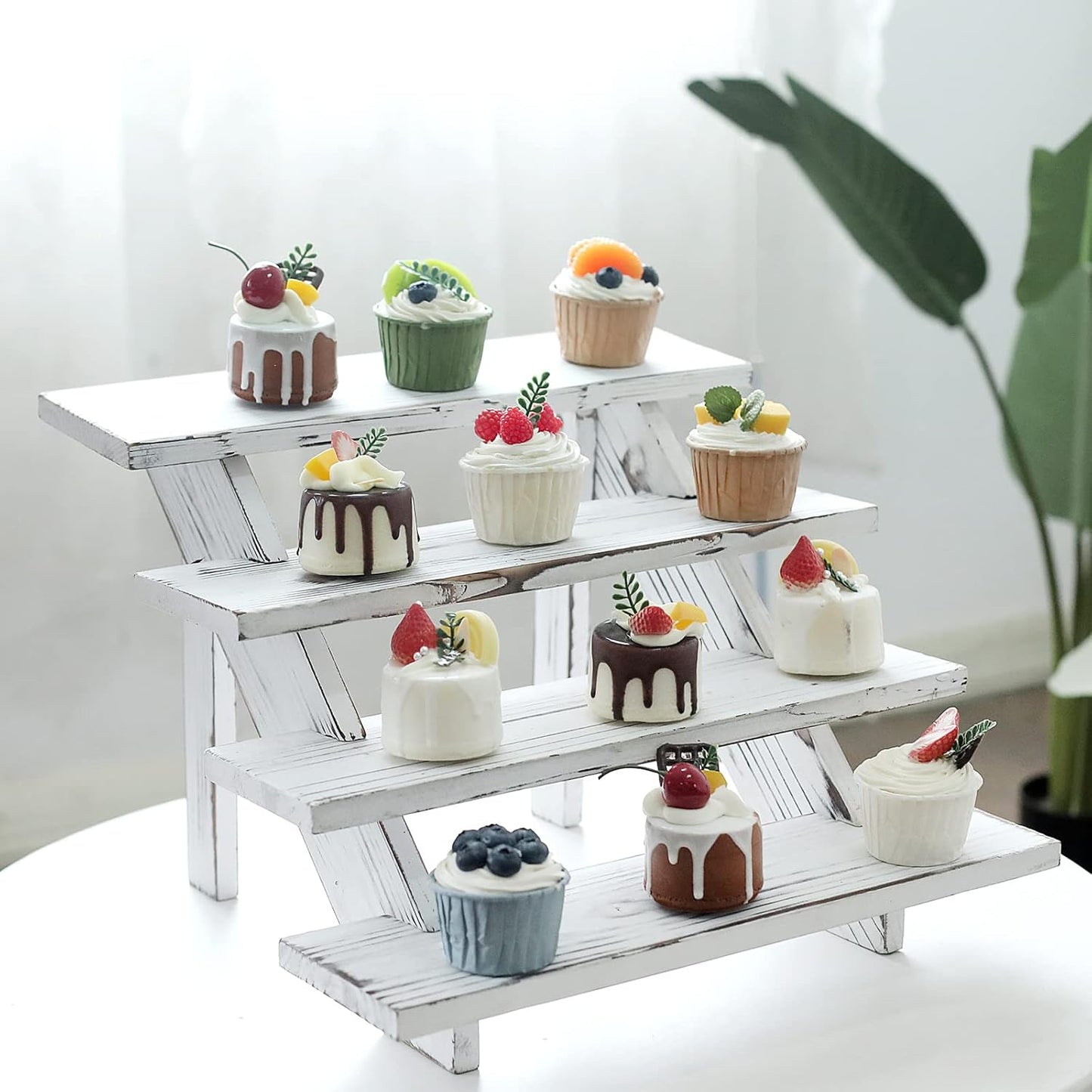 SwallowLiving Wooden Rustic Cupcake Stand for 24 Cupcakes, Stepped Wood Display Stand for Weddings, Tiered Party Table Display Riser for Food , Dessert, Cookie, Decor, Craft Show, White