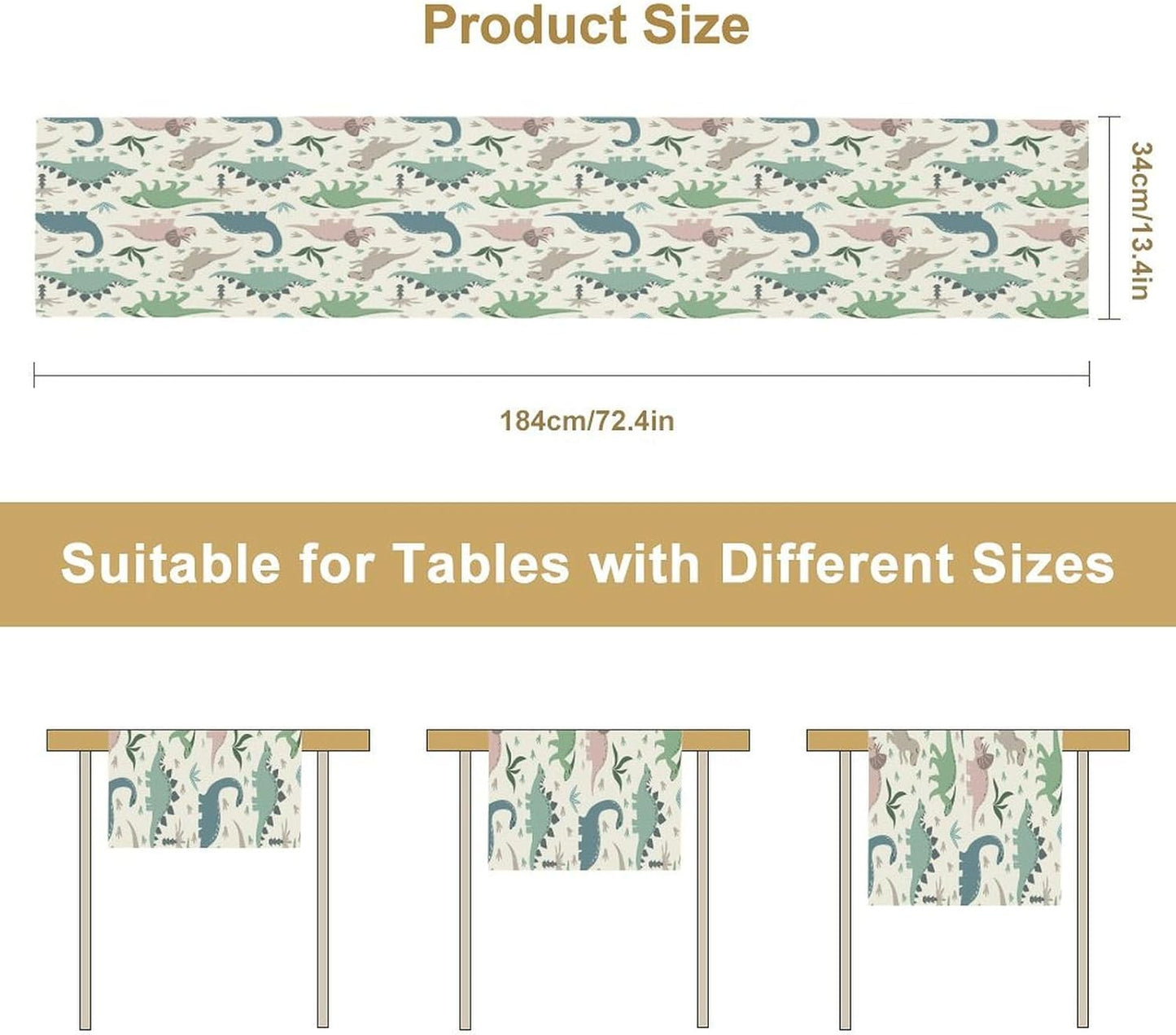 Cartoon Dinosaur Table Runner,Kids Boys Cute Colorful Animal Dino Abstract Print Tablecloth Burlap for Hotel Indoors Outdoor Dining Room Kitchen Holiday Party, 13x70in