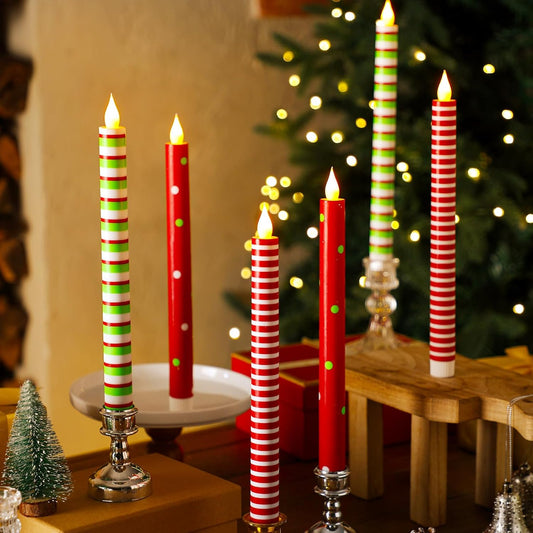6 Pcs Christmas Flameless Taper Candles 10.6 Inch Red Green and White Striped Dots Candles Battery Operated LED Christmas Candlesticks for Xmas Centerpiece Holiday Party Decor
