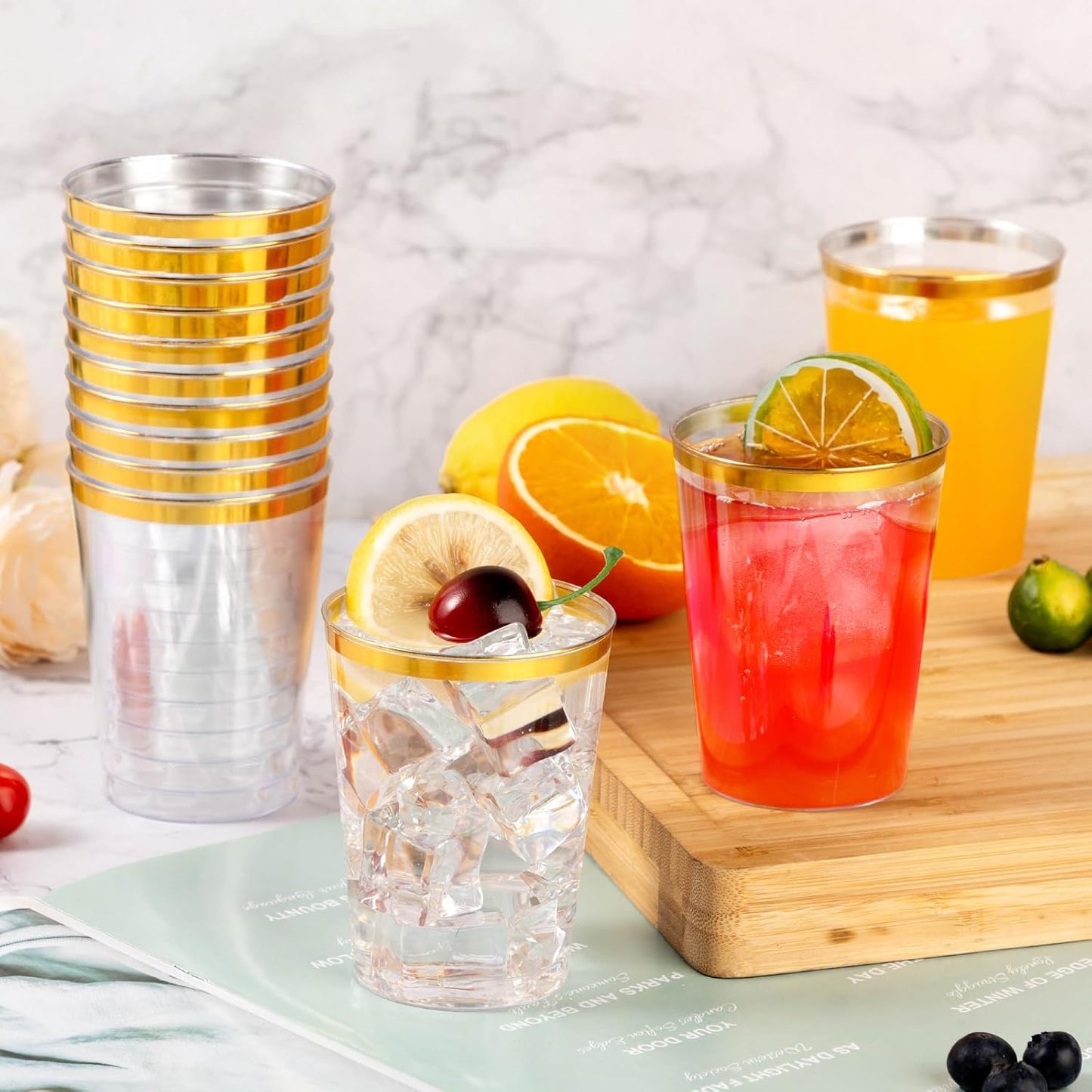 Goodluck 50PCS 14oz Gold Plastic Cups for Party, Disposable Gold Rim Cups, Plastic Cocktail Glasses for Wedding Thanksgiving, Christmas, and Parties